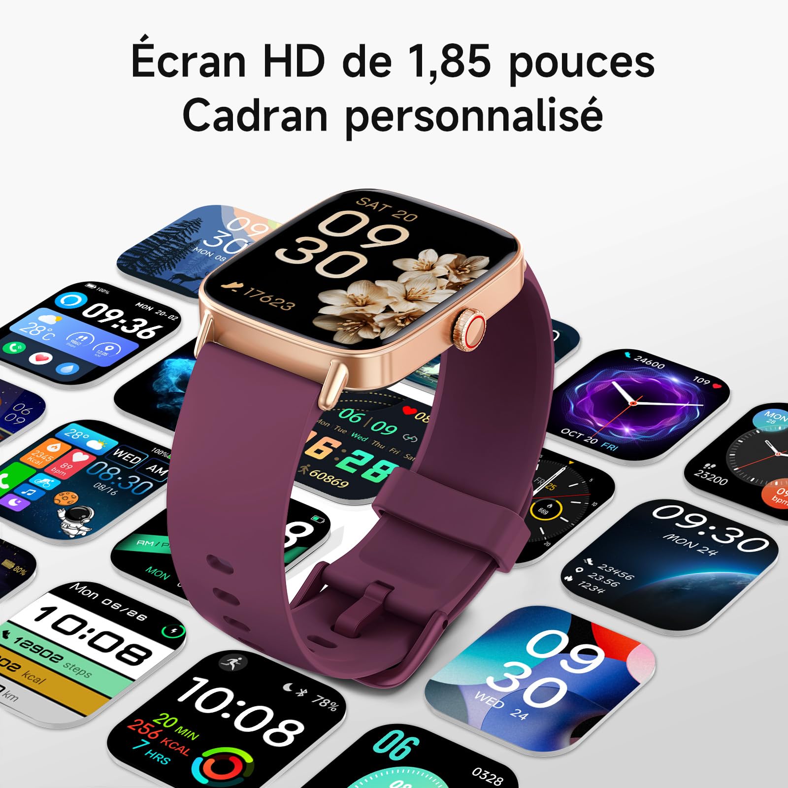 Montre Connectée Homme Femme,1.85" Smartwatch Femme avec Appel Bluetooth,Montre Intelligente pour iOS/Samsung/Android,120+ Modes Sport/Fréquence Cardiaque/Sommeil/SpO2,étanche IP68 Fitness Podomètre