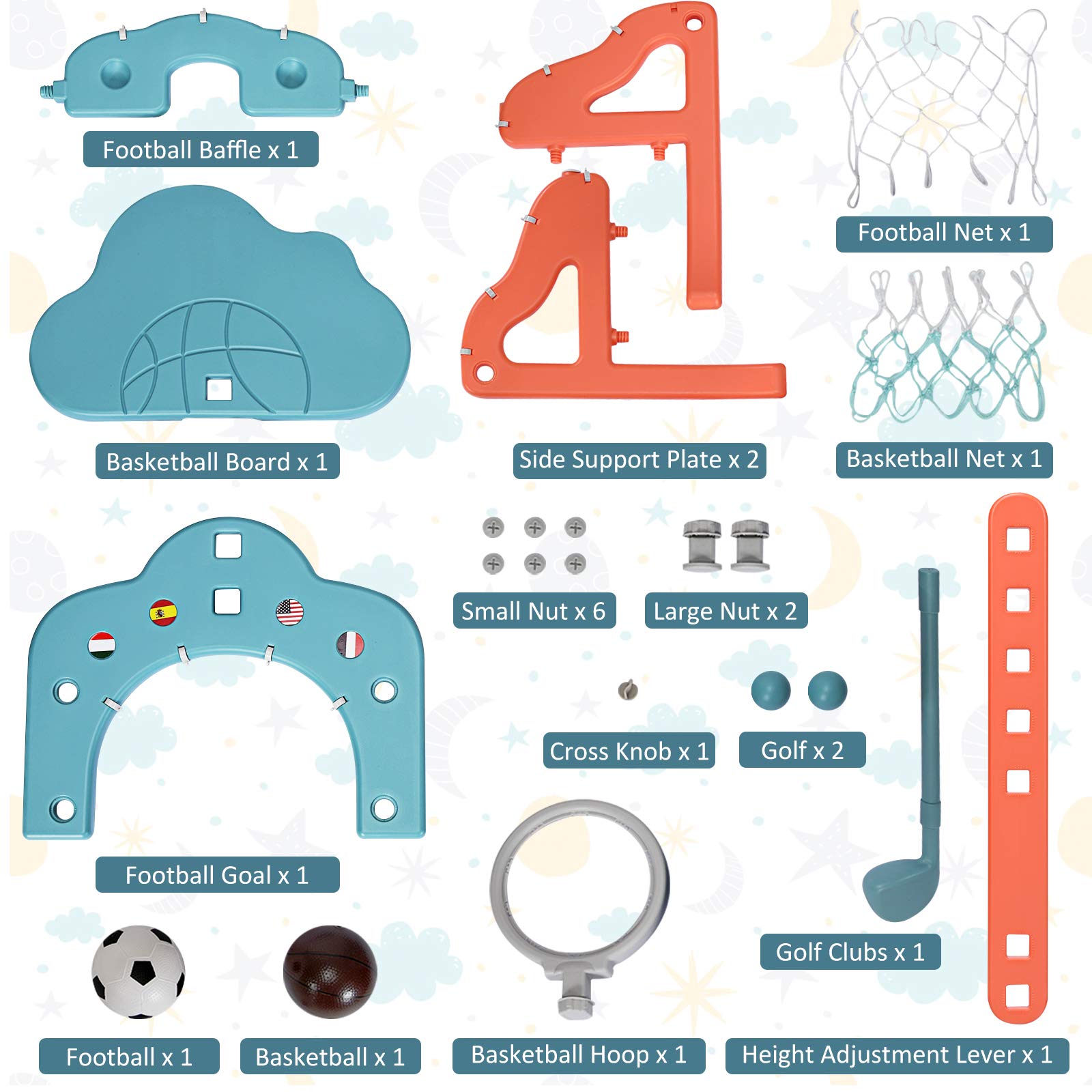 COSTWAY 3 en 1 Panier de Basketball pour Enfant 2-7 Ans avec Hauteur Réglable(77-116cm), Support de Basketball en Forme Neige avec Structure Stable, Bords Lisse, Jeu de Golf pour Garçons Filles