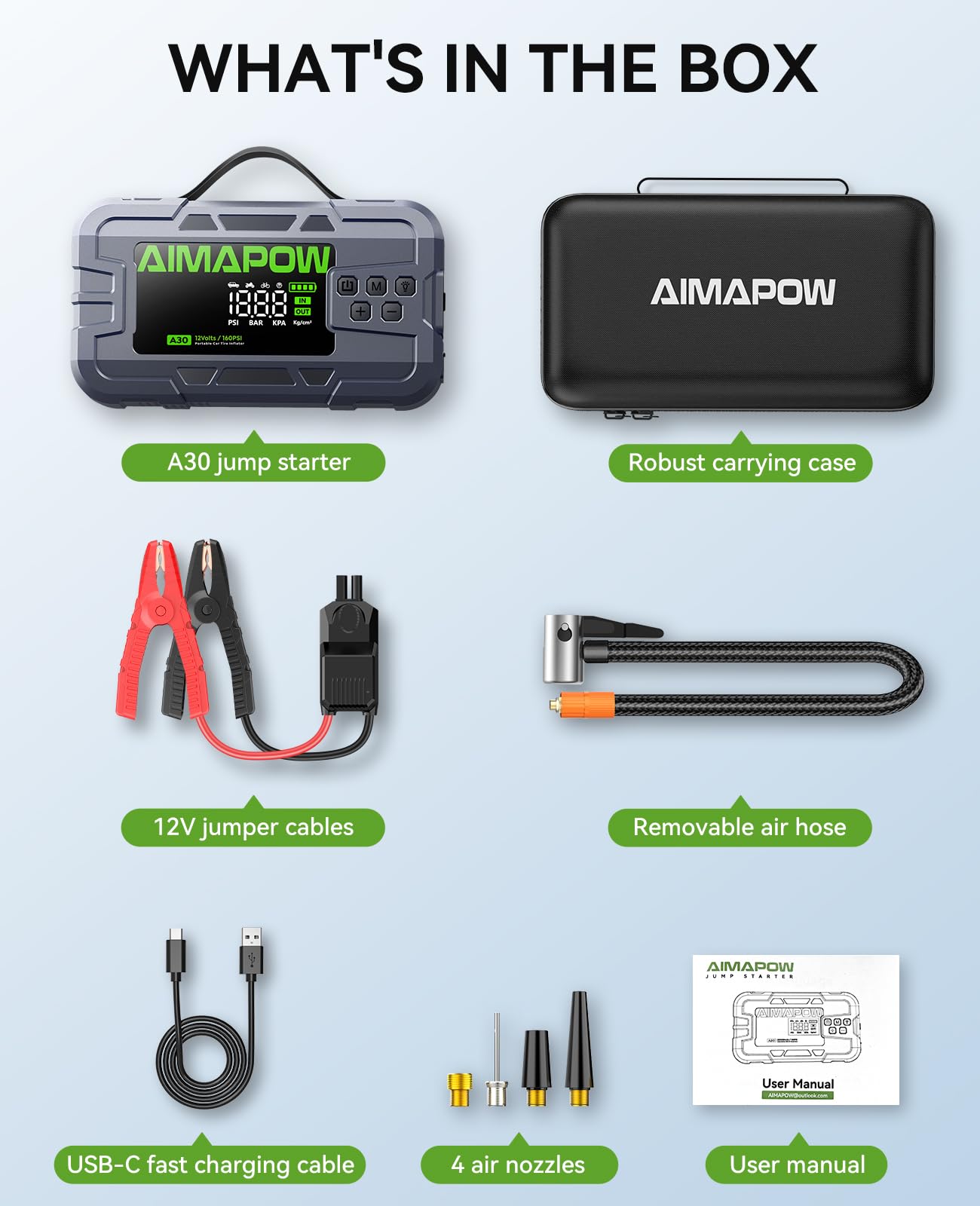 Arrancador de batería de coche con compresor de aire, 8000 A, 160 PSI | Todos los gases/12L Diesel, 12V portátil, carga rápida, luz LED de 270°