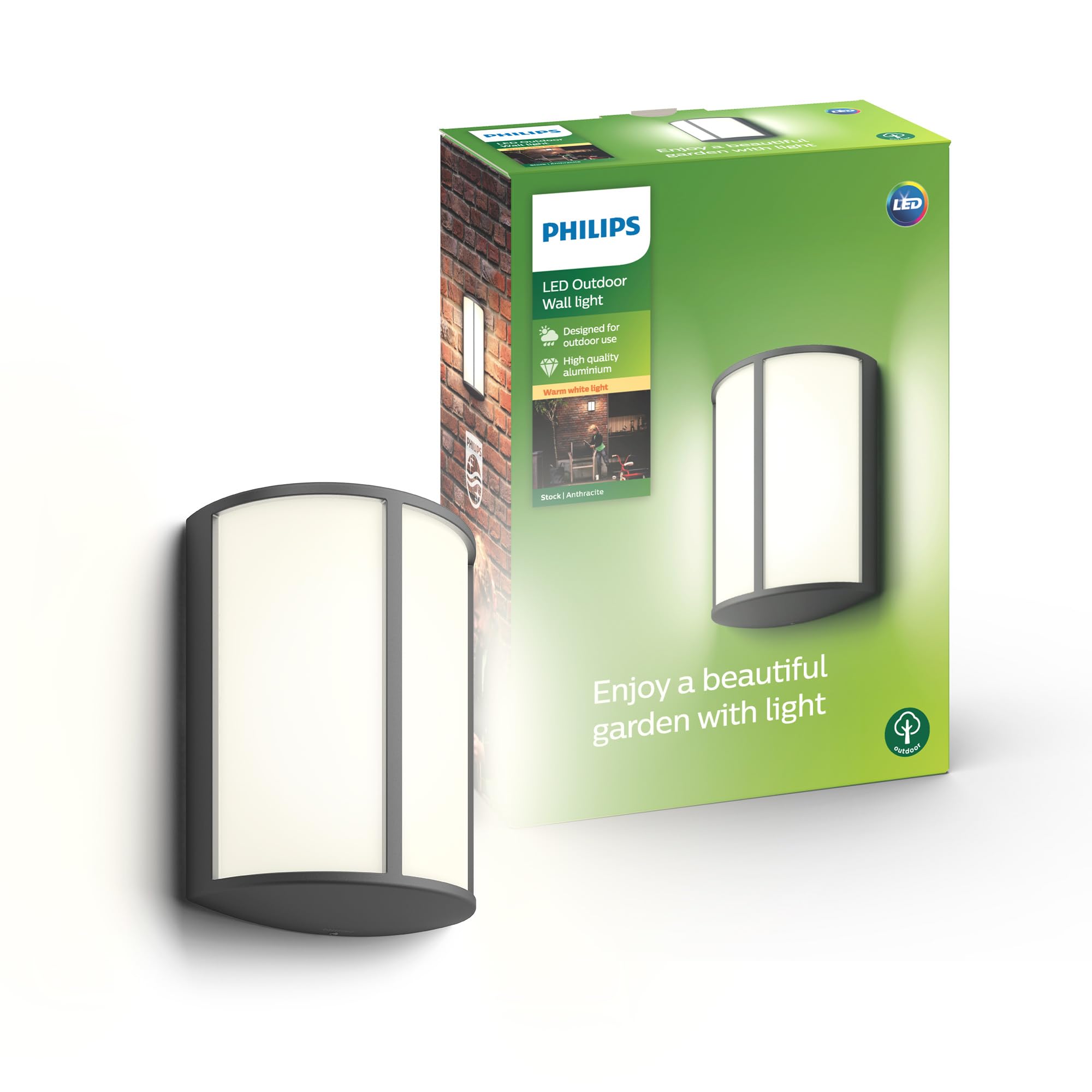 Philips Stock Applique LED, Lampada da Esterno, 5,5 W, 700 lm, Luce Bianca Calda 2.700 K, Resistente a Intemperie IP44, LED Integrato, Durevole, Alluminio, Grigio Antracite