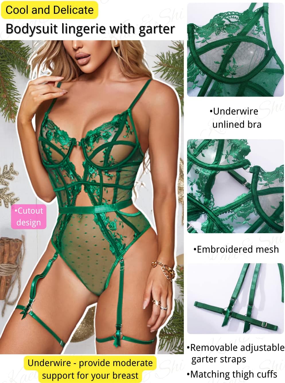 Kaei&Shi Floral Embroidered, Underwire, Removable Garter, Thigh Straps, Backless Bodysuit - Image 2