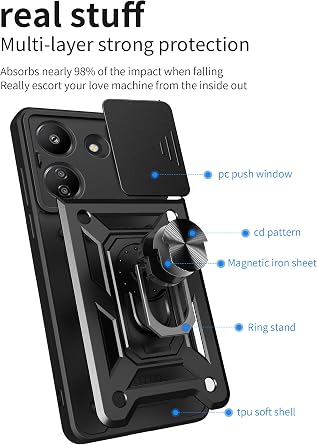 Case for Xiaomi Redmi A5 4G / Poco C71 with Tempered Glass Screen Protector,Sliding Camera Window, Kickstand, Shock-Proof Anti-Scratch Dual-Layer Phone Cover, Rose Gold
