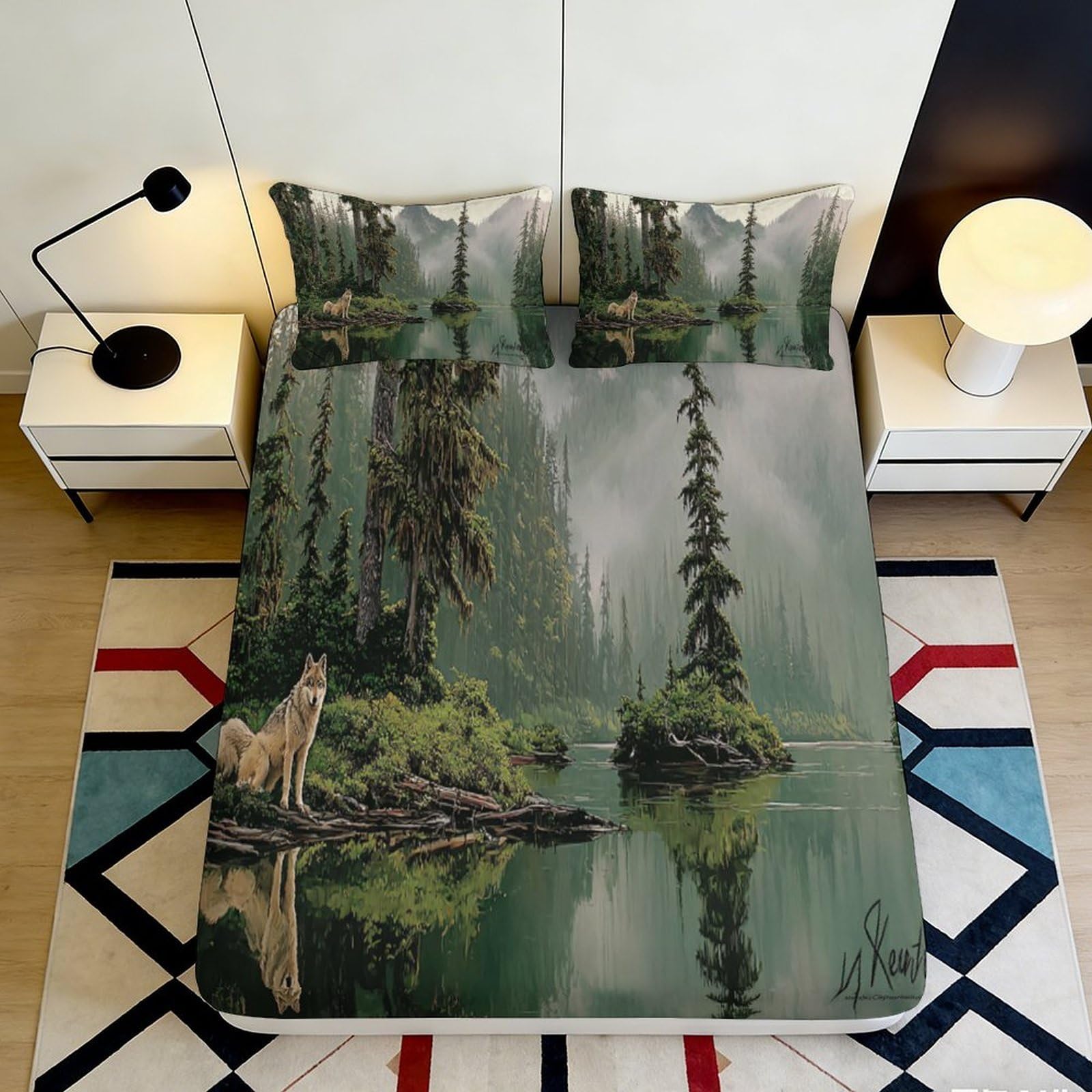 3D Printed Forest Wilderness Fitted Sheet Microfiber Soft Wolf Lake Mattress Cover Bedroom Decor Protection 90x200x25cm