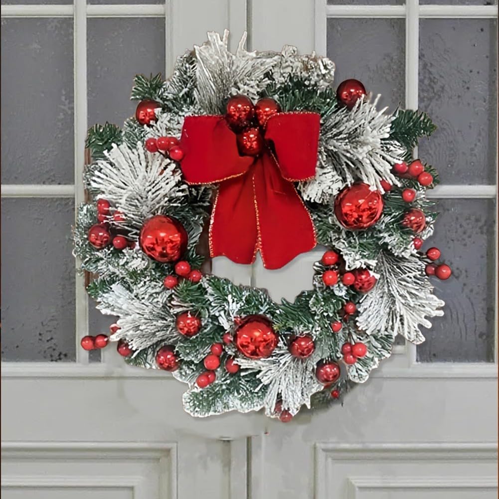 Corona de Navidad artificial de 16 pulgadas, guirnalda colgante resistente al fuego con 20 luces LED alimentadas por batería para decoración de puerta y pared (rojo blanco)