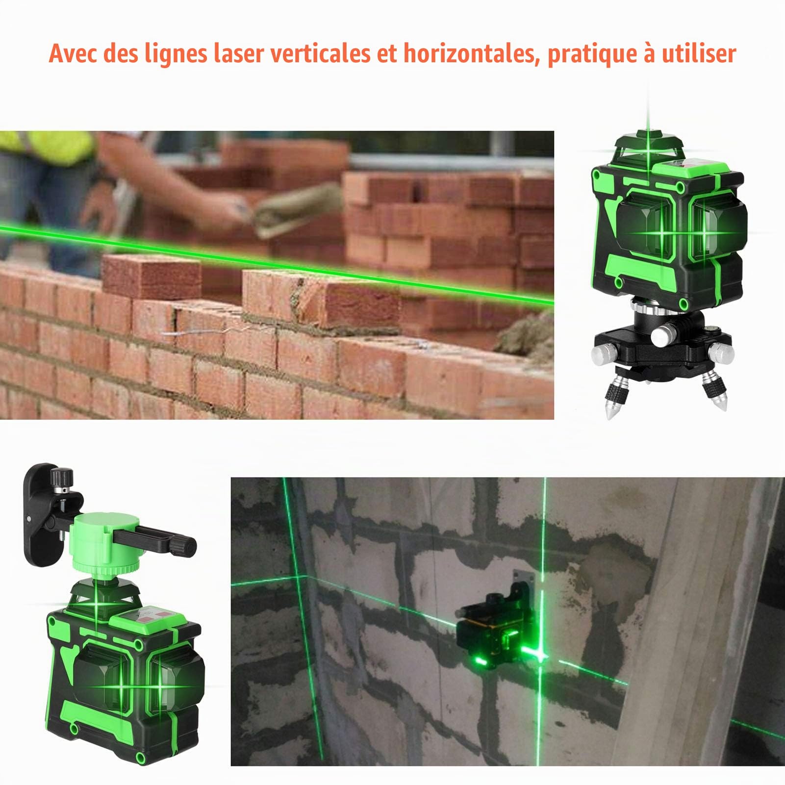 Niveau Laser Vert Autonivelant 3x360°, Rotatif 3D 12 Lignes Autonivellement Niveau Laser avec 2 Pcs Batterie, Hauteurs Réglable Barre D'extension Trépied