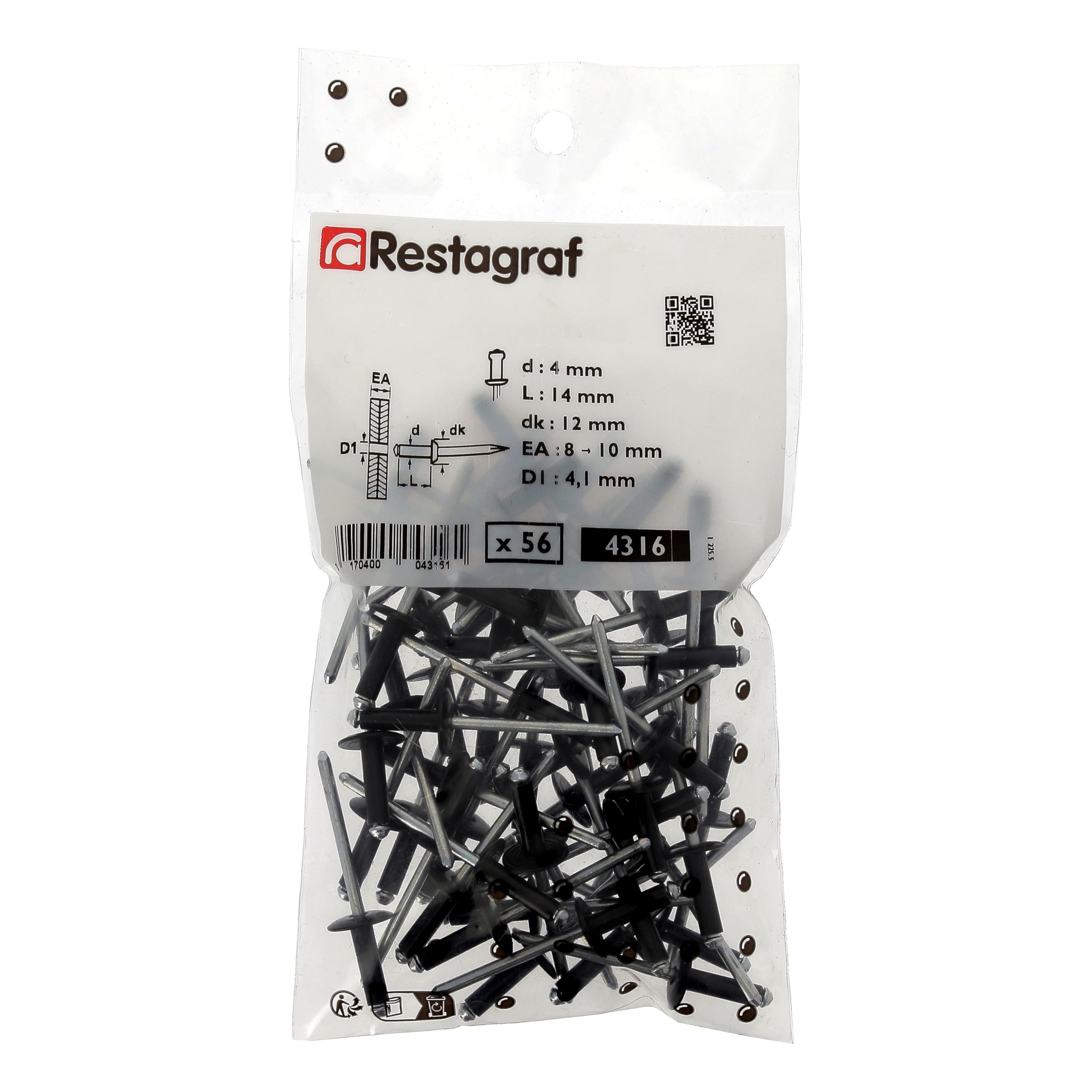 Remache de aluminio con cabeza ancha en bolsa, 4 mm x 14 mm, negro, lote de 56