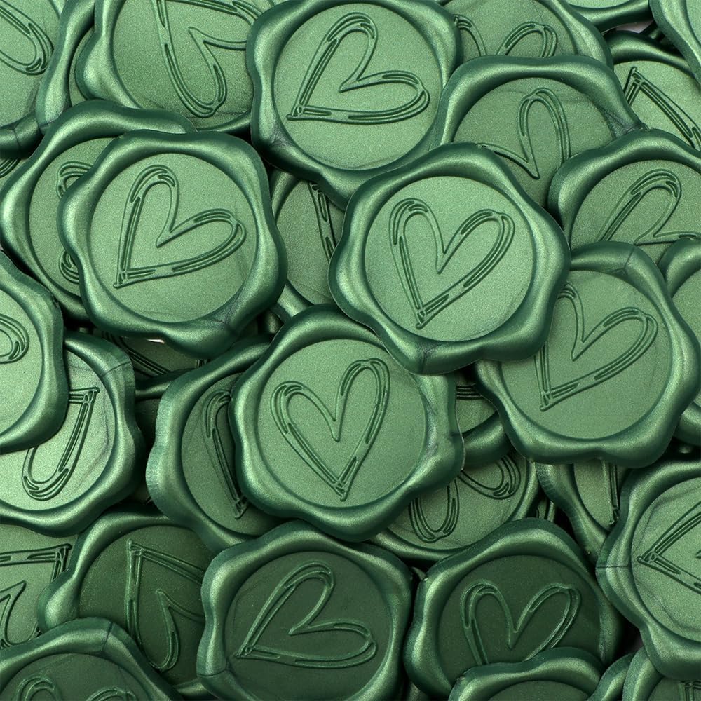Heart Wax Seal Stickers, 100Pcs Pine Green Self Adhesive Envelope Seal Stickers, Composite Lacquer Wax Material, Great for Gift Wrapping, Wedding Invitation, Valentine's Day, Christmas