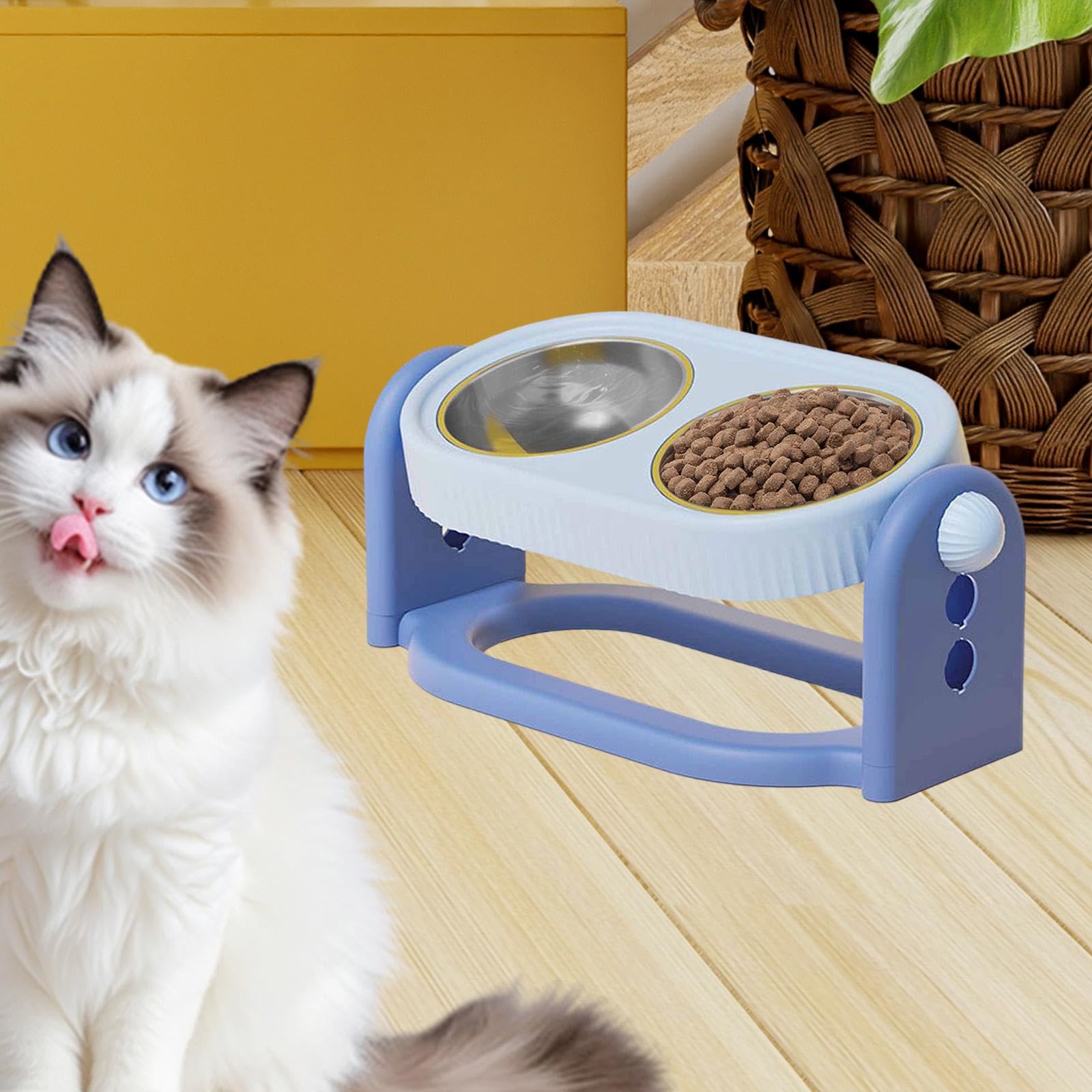 Ciotola Gatto Rialzata Ergonomica Stazione Alimentare con Supporto Regolabile Doppia Ciotola Inclinata in Acciaio Inox Facile da Pulire Adatta a Gatti, Blu