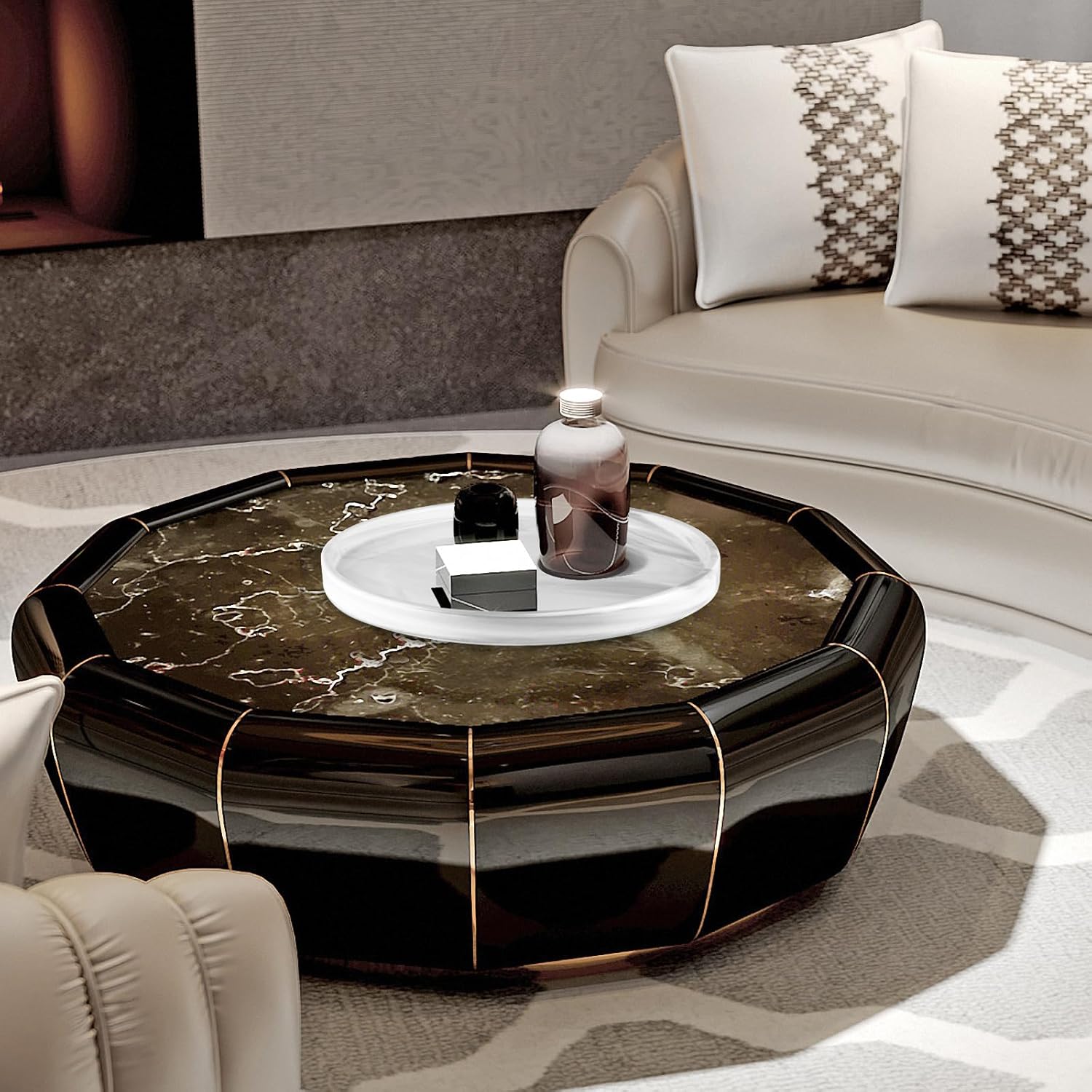 12" Large Ceramic Vanity Tray, Circle Perfume Plate Organizer, Jewelry Holder Dish, Non Slip Decorative Tray for Bathroom, Bedroom, Kitchen, Coffee Table (Marble Grey)