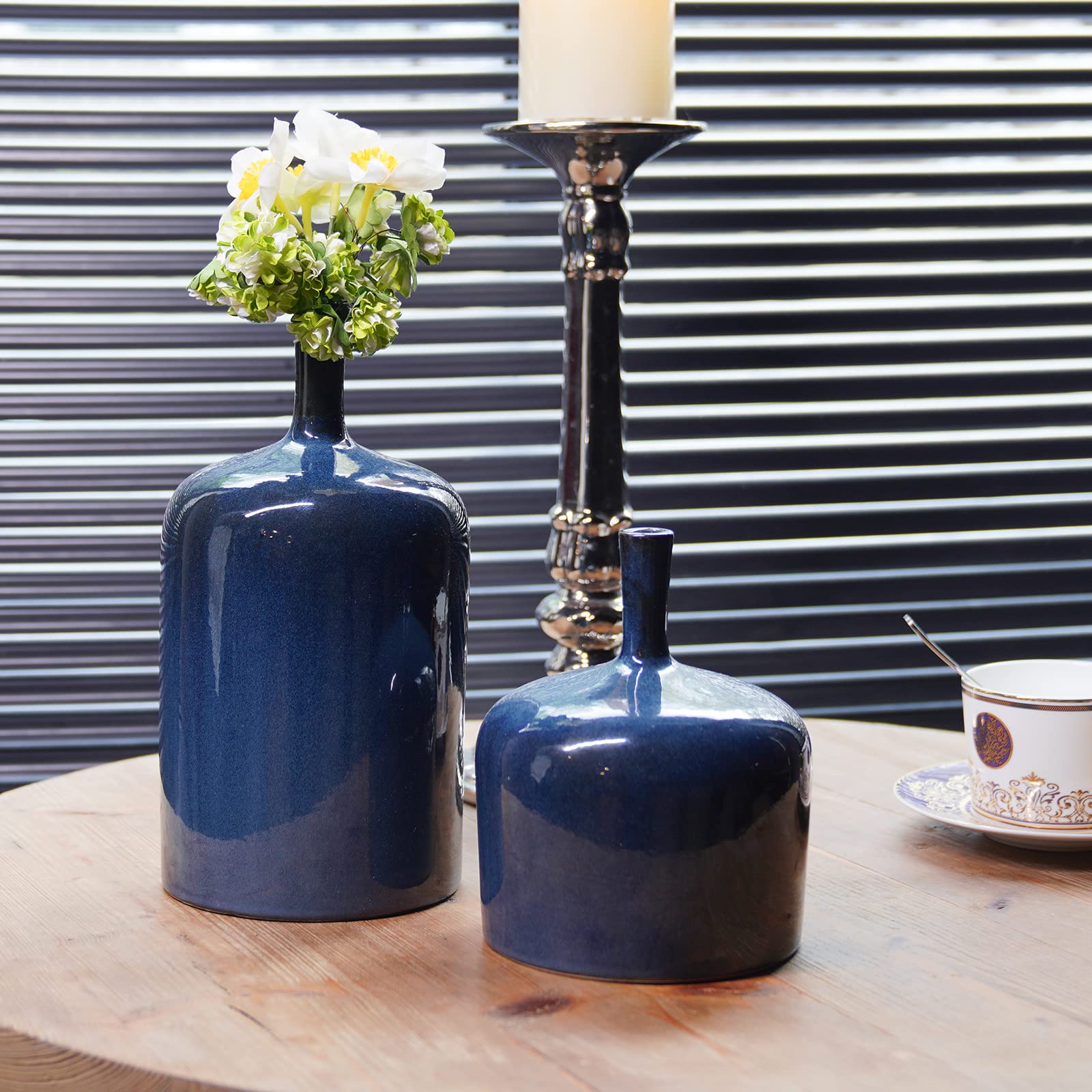 Cynkeyee Ceramic Vase Flower Vases Set - 2Pcs Modern Blue Vases for Home Decor, Reactive Glazee Farmhouse Vase for Living Room, Fireplace, Bedroom, Kitchen, Ideal Shelf Décor Gift