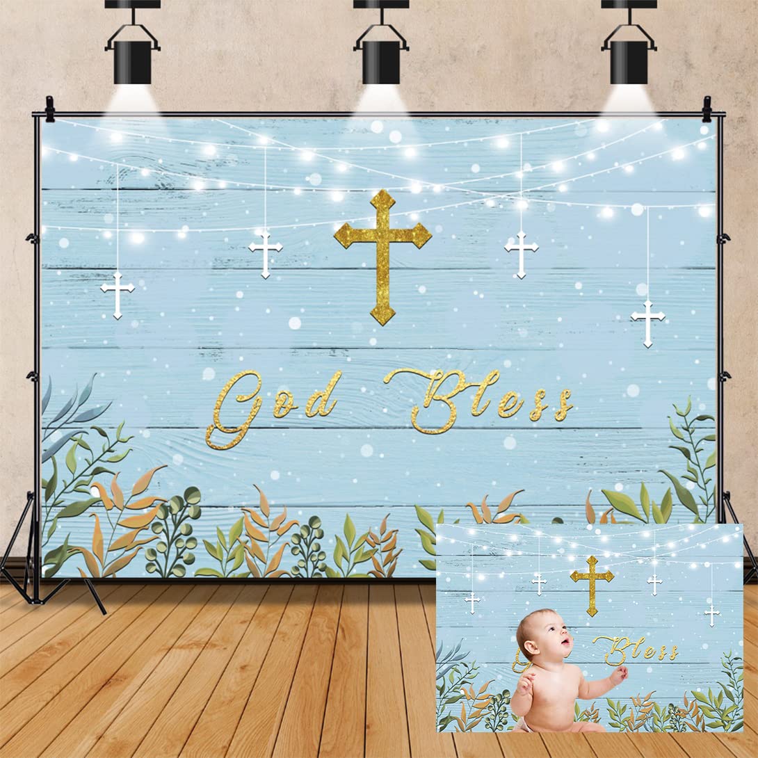 Buy OERJU 7x5ft God Bless Backdrop Rustic Blue Wood First Holy ...