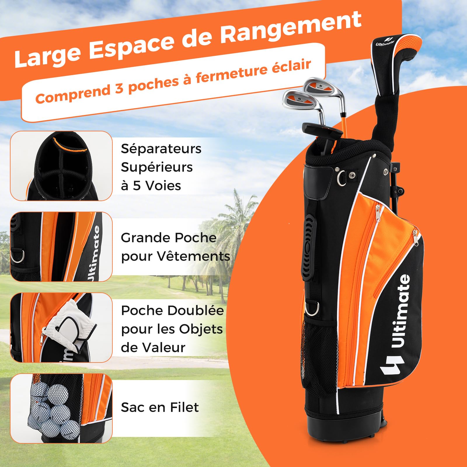 COSTWAY Ensemble de Golf Complet pour Enfants, avec 205CC #3 Fairway #7 & #9 Fers Putter Couvre-tête et Sac de Support & Protecteur de Pluie, pour Enfants