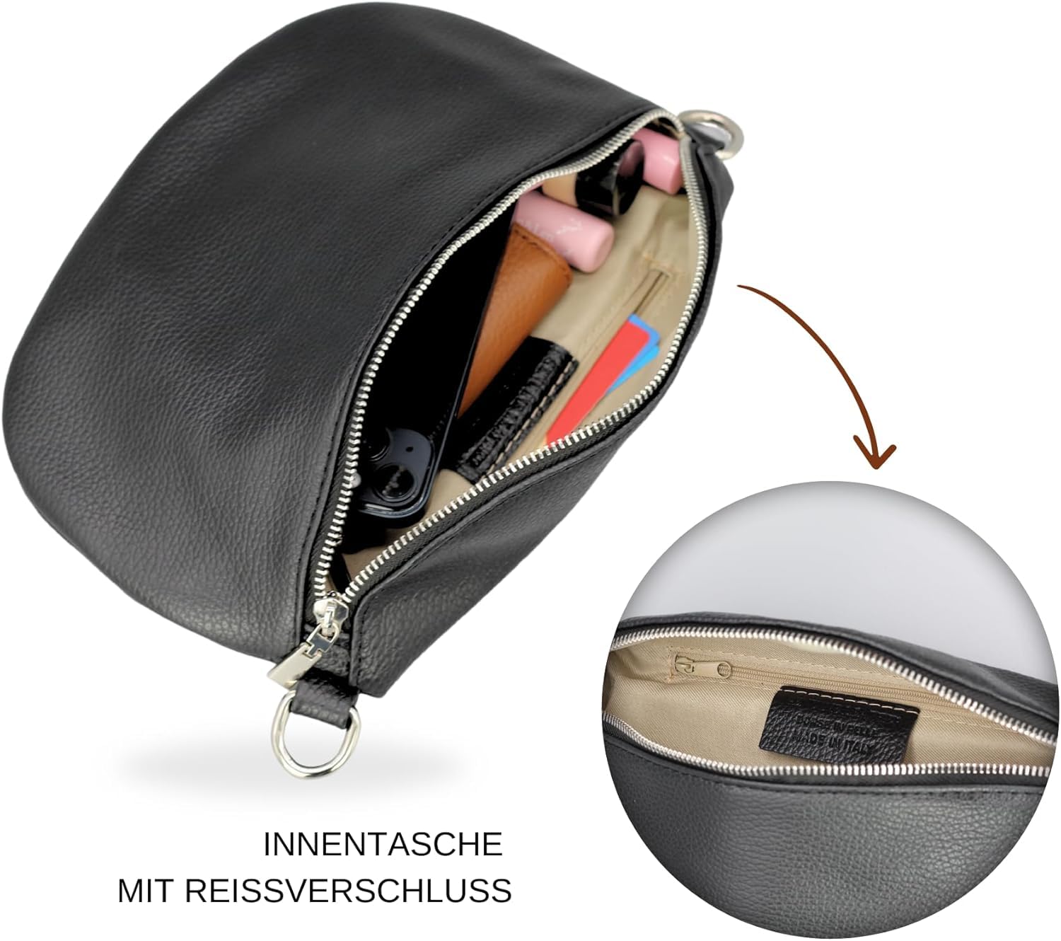 Brise Art AFIA Damen Bauchtasche Echtleder Handgefertigt Crossbody Bag | Damen Umhängetasche, Echtes Leder, Schultertasche mit Ledergurt & wahlweise gemustertem Riemen, 3 Fächer, Made in Italy