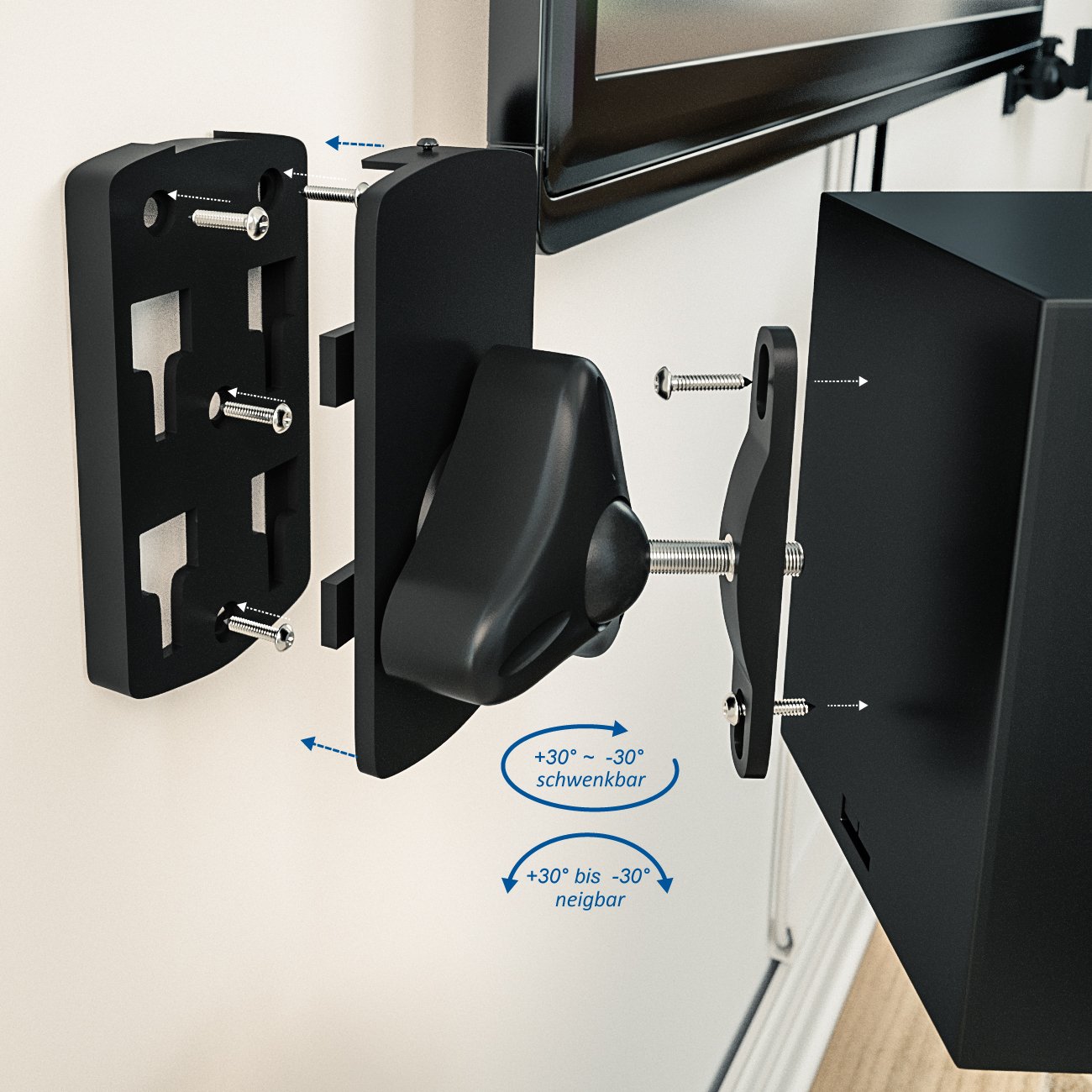 deleyCON 4X Support Mural Universel pour Enceintes Fixation de Boîtes Rotation + Inclinaison Résistant à Une Charge Maximale de 10Kg Montage Mural + Montage au Plafond - Noir