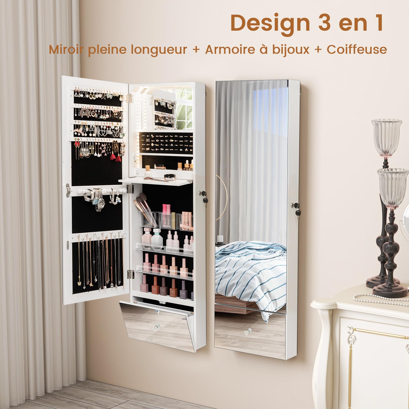 COSTWAY Armoire à Bijoux Murale 120 cm, Lumières LED, Miroir Sans Cadre Pleine Longueur, Miroir Intégré, Étagère de Maquillage Pliable, Tiroir de Rangement, Verrouillable, Blanc
