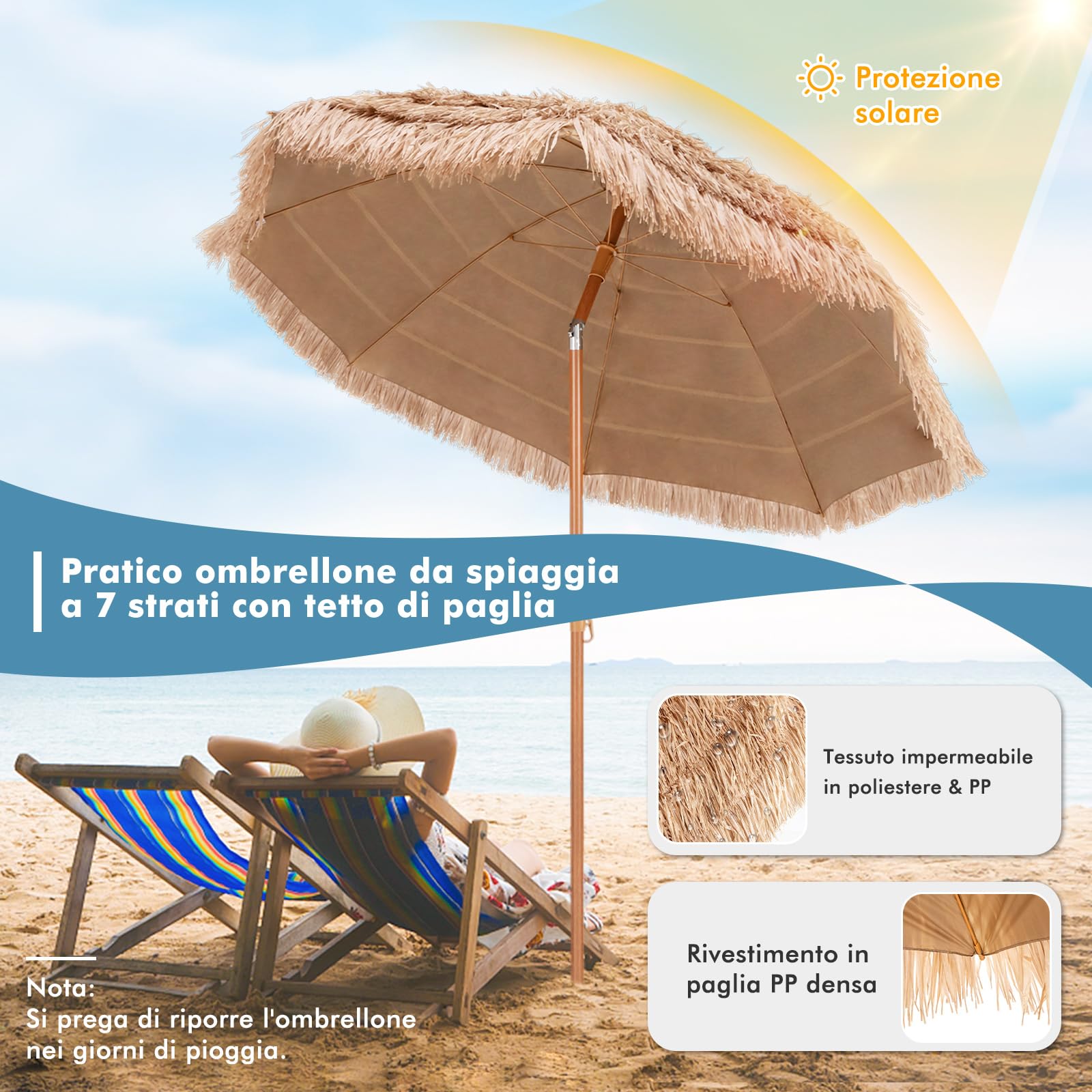 COSTWAY Ombrellone di Paglia in PP 208 cm, Ombrellone da Spiaggia Pieghevole, Parasole Hawaiano con Inclinabile in Metallo, Resistente all'Acqua e al Sole, per Spiaggia Giardino Balcone