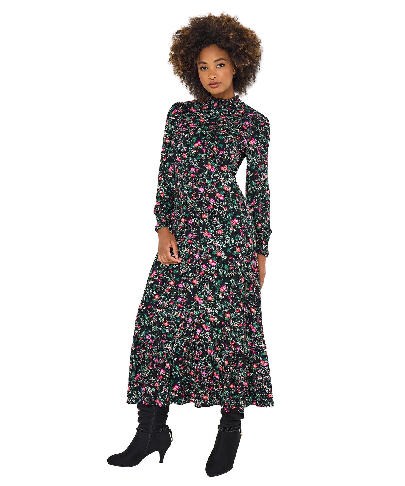 Joe Browns Women's High-Neck Vintage Frill Winter Floral Jersey Midi Dress, Regular, Black, UK 8