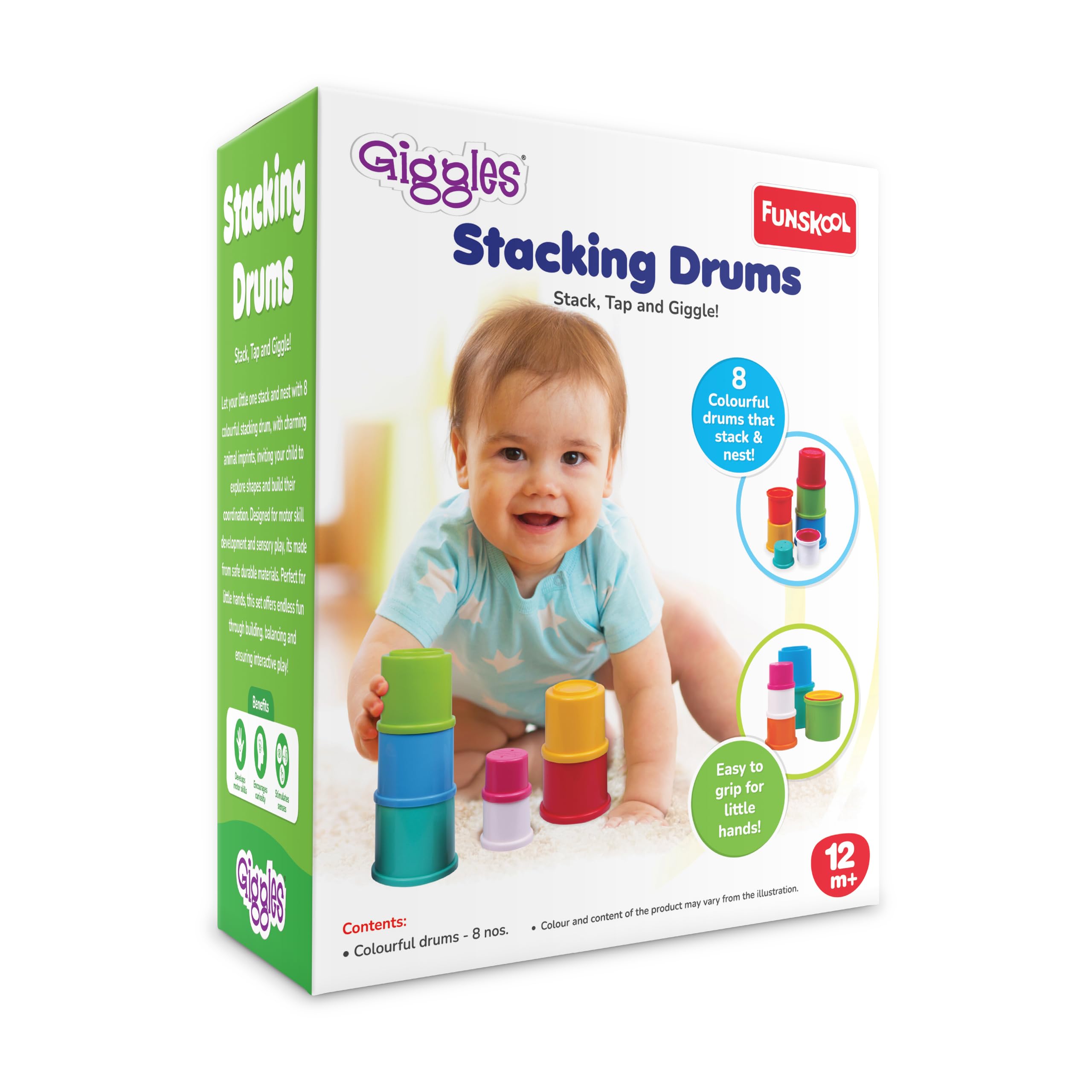 Giggles Funskool - Stacking Drums, Multicolour Stacking Blocks With Animals, Helps To Sort,Stack And Nest, 12 Months & Above, Infant And Preschool Toys 2