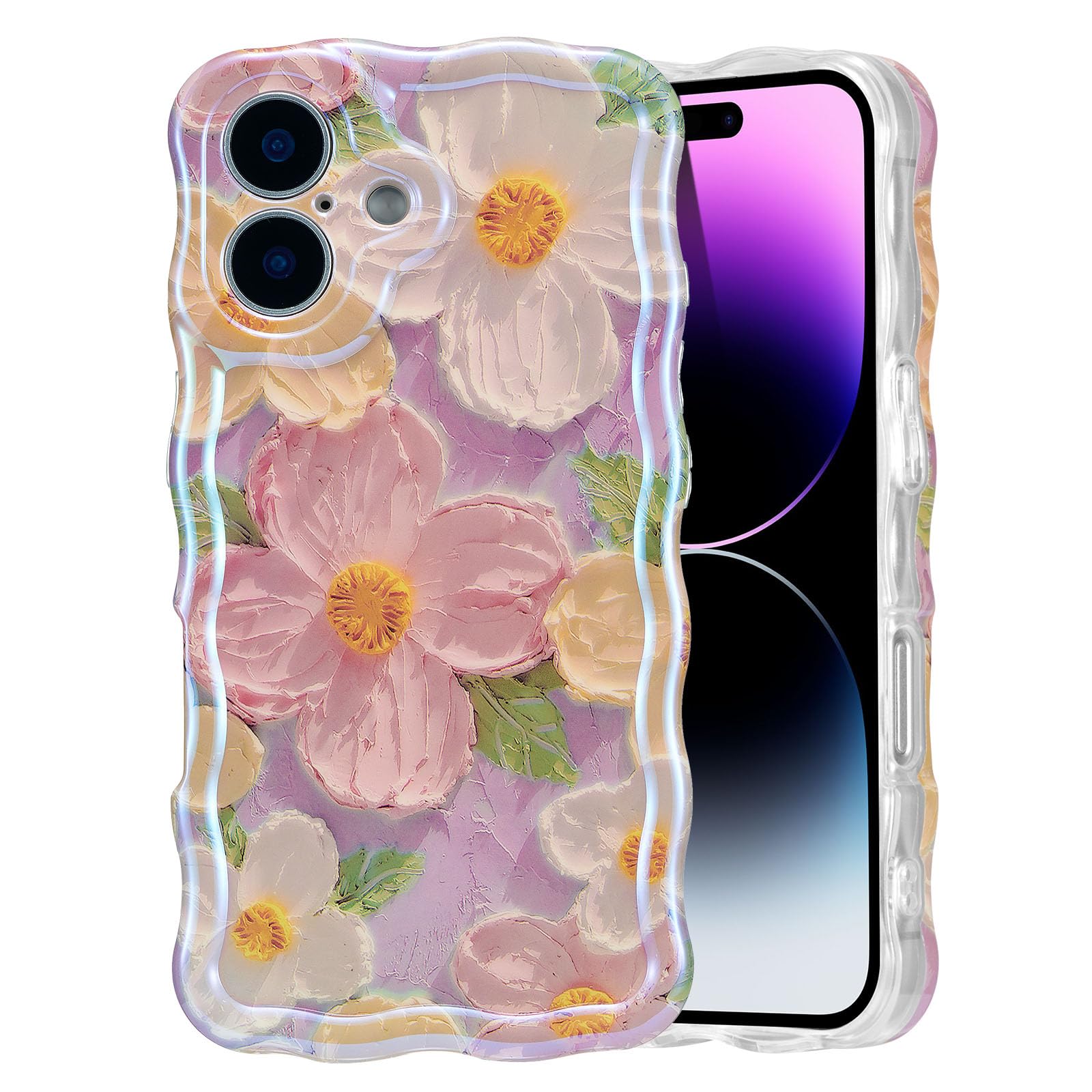 EYZUTAK Case for iPhone 16, Colorful Retro Oil Painting Printed Flower Laser Glossy Pattern Cute Curly Wave Edge Exquisite Phone Cover Stylish Durable