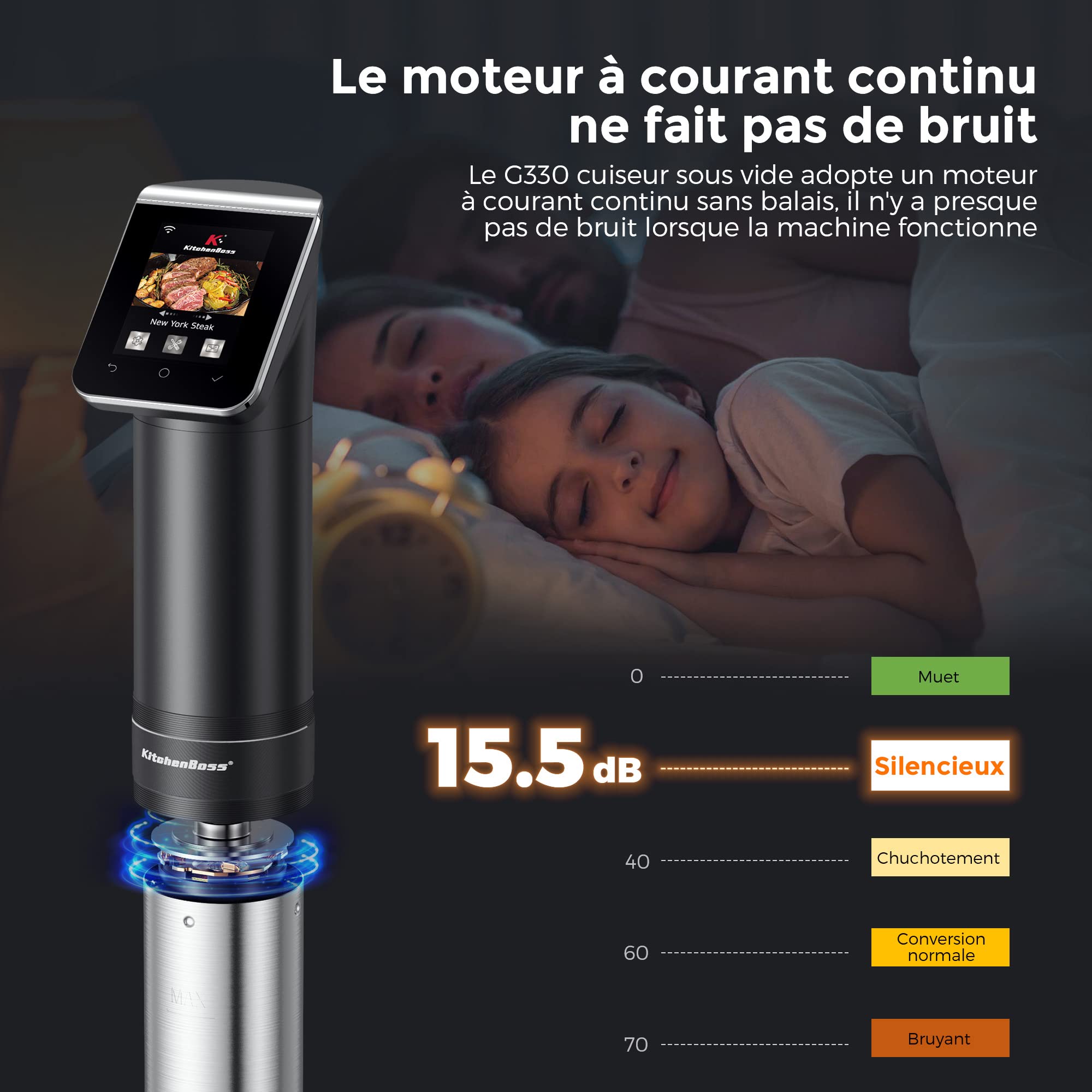 KitchenBoss Thermoplongeur WLAN Cuiseur Sous Vide: G330 Wifi Cuisson Sous Vide, 1100W,IPX7 Imperméable à l'eau d'Immersion de Cuisinière Thermostat Réglable APP Contrôle, Acier inoxydable, Noir
