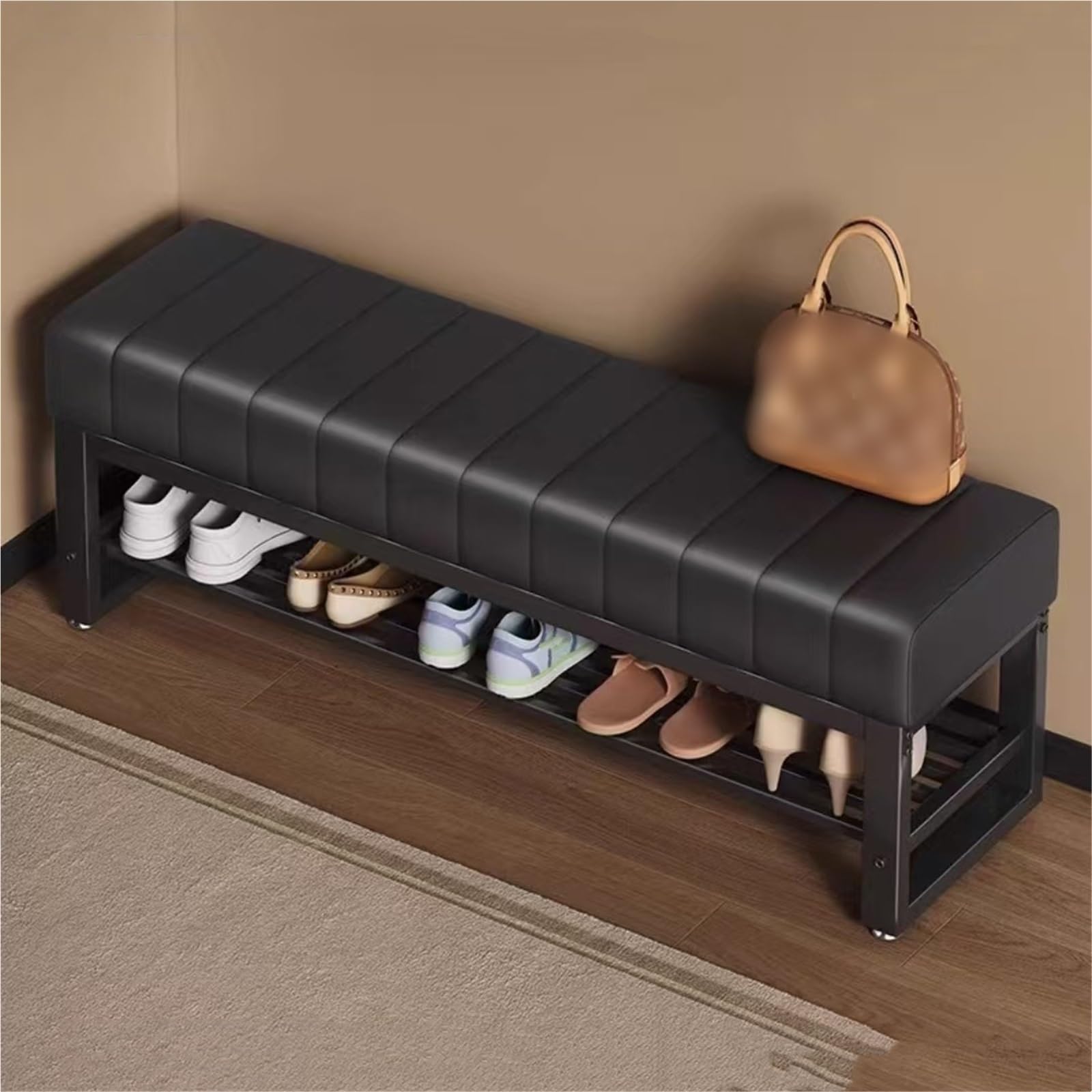 GHFXSCV Entryway Storage Bench with Cushion | Metal Frame Shoe Rack nizer for Living Room, Hallway & Entrance | Stylish 100cm Black End of Bed Bench