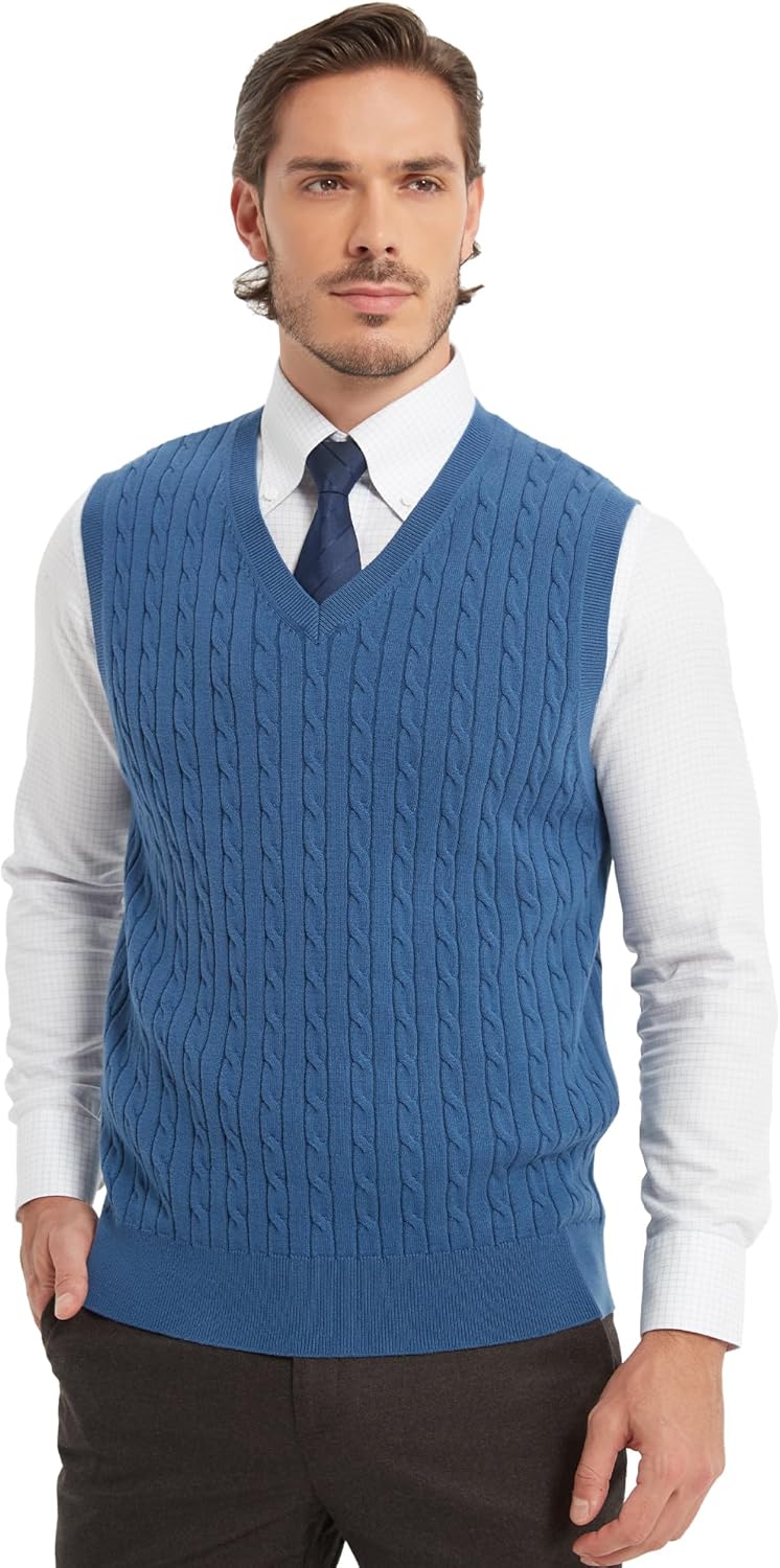 Kallspin Men’s Cable Knit Sweater Vest Pure Cotton V-Neck Sleeveless Knitted Pullover for Fall Winter - Image 8