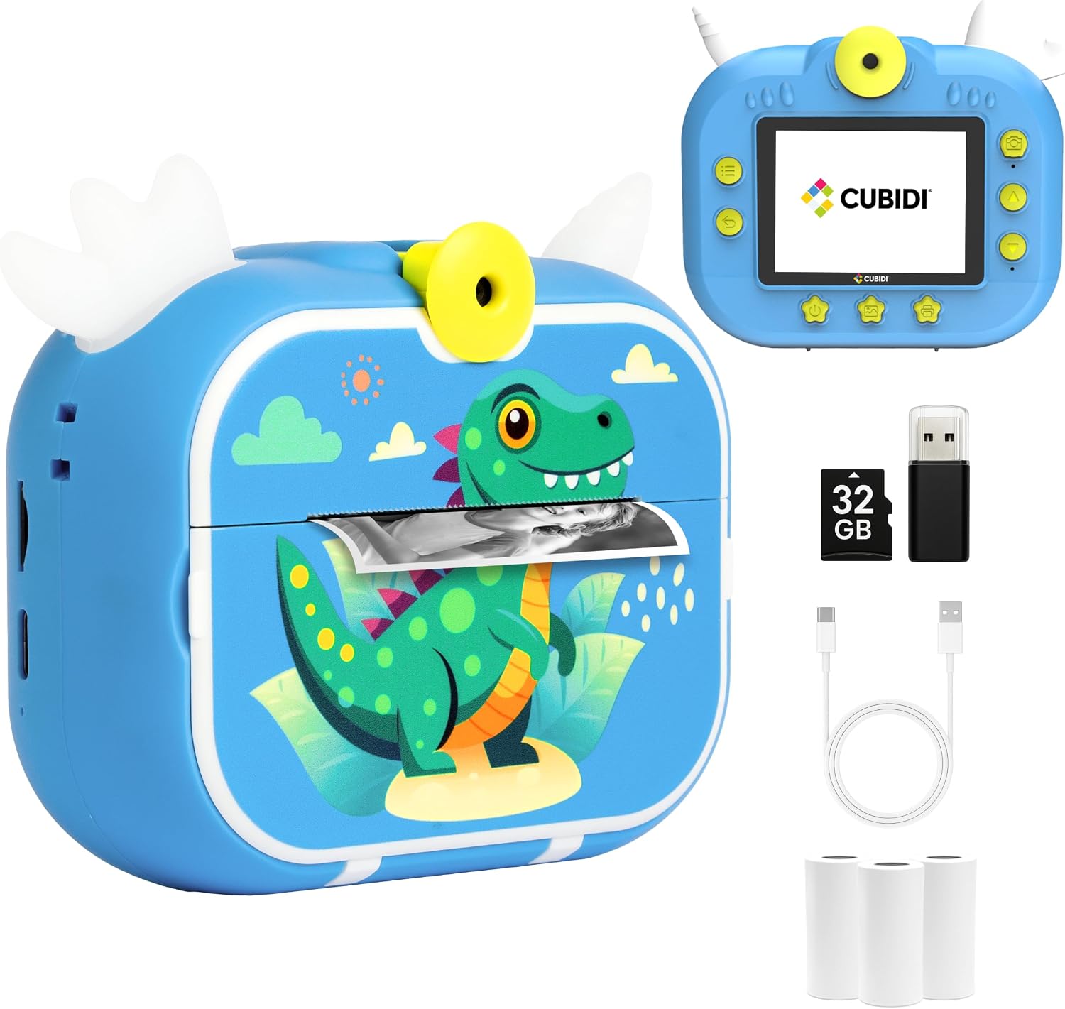 CUBIDI Fotocamera per bambini – Fotocamera per bambini con carta da stampa e scheda di memoria da 32 GB. Idea regalo per 3+ anni. Fotocamera istantanea per bambini – Dinosauro Blu.