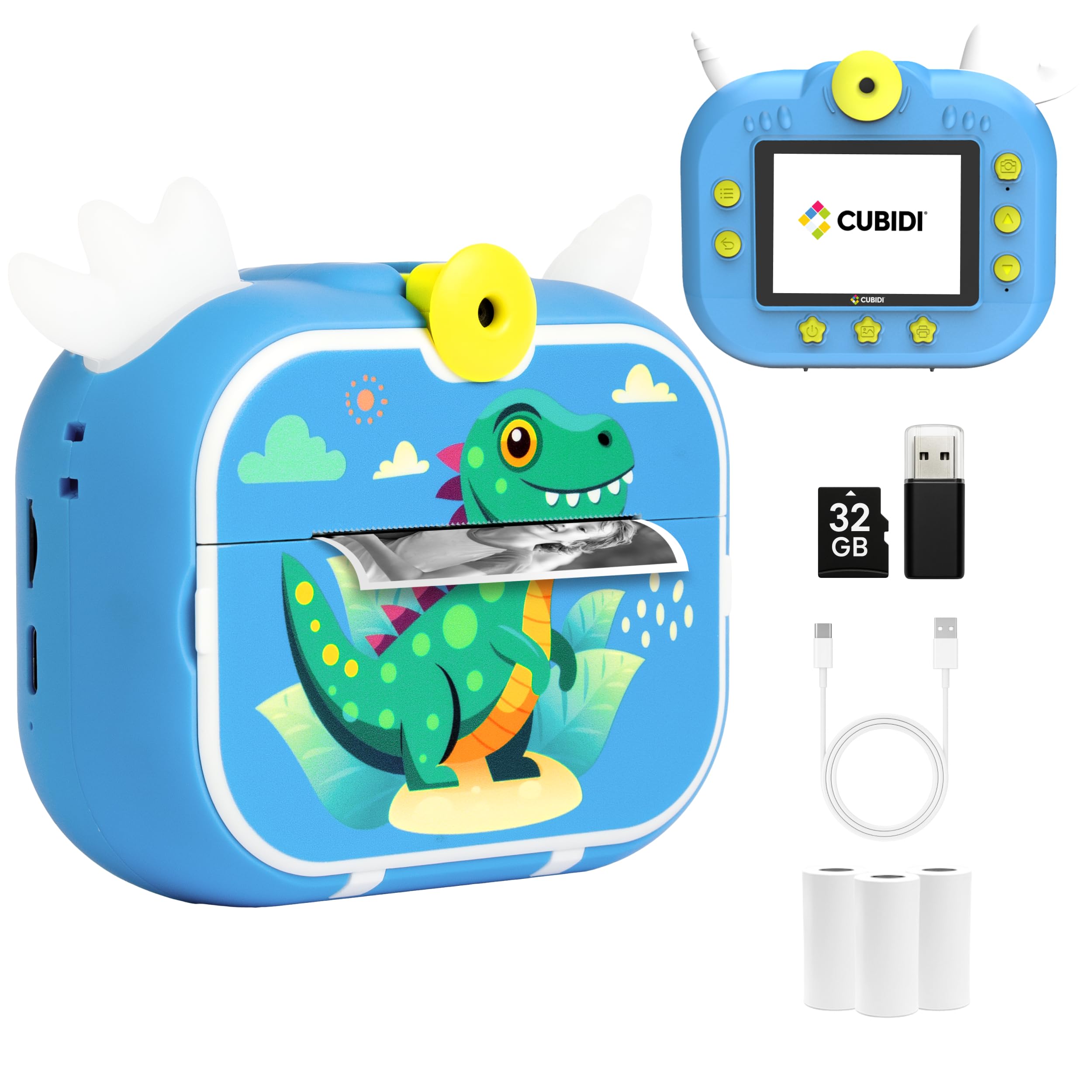 CUBIDI® Camara Fotos Infantil Instantanea – Cámara de Fotos Infantil con Impresión Térmica Sin Tinta con Lente 180° y Tarjeta 32 GB Incluidos. para Niñas y Niños 3-12 Años. Dinosaurio Azul.