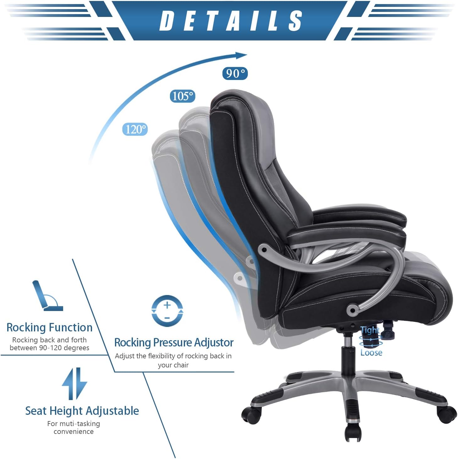 High Back Big & Tall 300LBS Bonded Leather Office Chair - Adjustable Tilt Angle and Heavy Duty Base Large Thick Padded Ergonomic Executive Desk Computer Swivel Chair: Kitchen & Dining