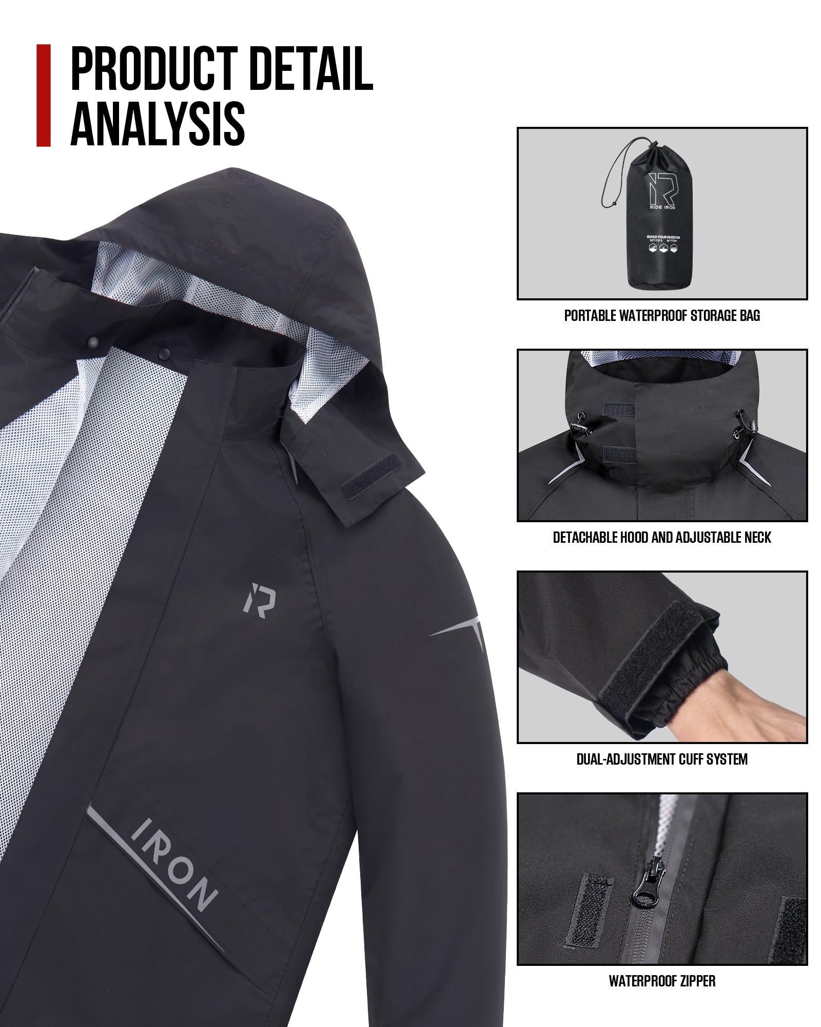RIDEIRON Tuta Antipioggia Moto Uomo Impermeabile Giacca 15000 mm con Cappuccio Staccabile Sstrisce Riflettenti Nero XXL