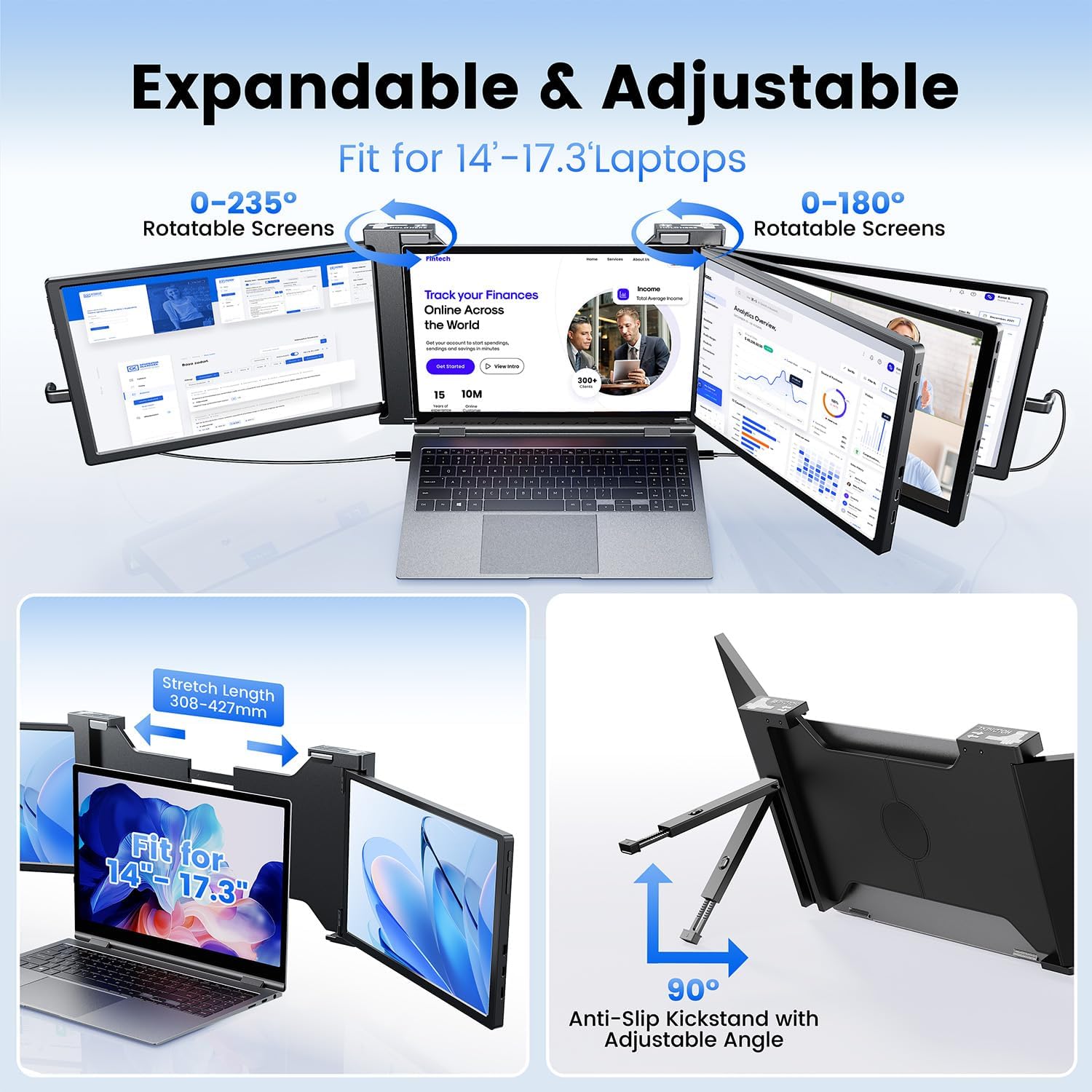 14'' Triple Laptop Screen Extender, 1080P FHD Portable Monitor for 14"-17" Laptop with USB-C/HDMI Port, Plug-Play Monitor Extender for Triple Display for Mac/Windows Remote Work & Multitasking