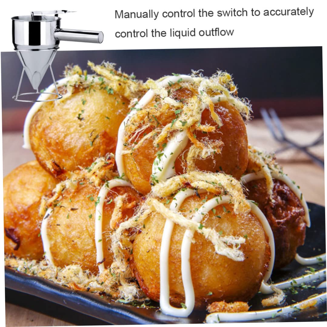 Stainless Steel Piston Funnel, Octopus Balls Batter Dispenser with Rack & Handle for Cooking