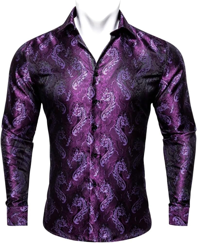 Shirts for Men Paisley Silk Lapel Woven Long Sleeve Designer Fit Business Wedding