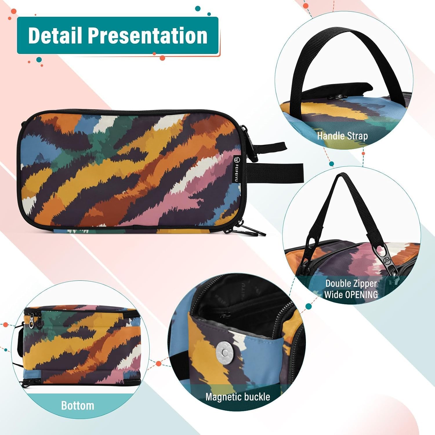 Colorful Tigers Skin Print Makeup Bag Travel Cosmetic Bag Toiletry Bag Organizer with Compartments Handle Women Men Gifts image 4