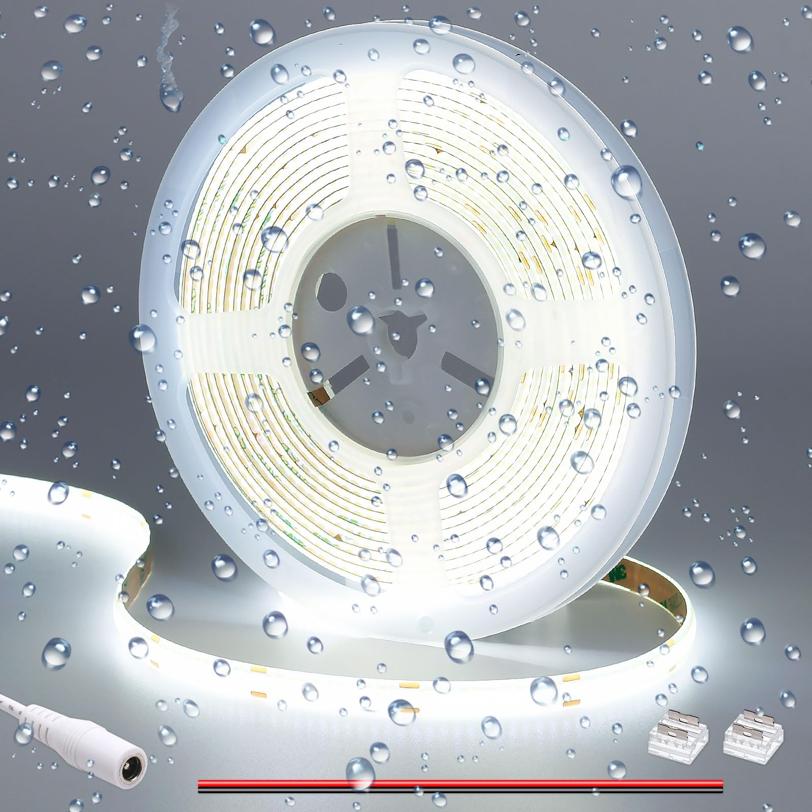 Goming Cool White Dc 12V Cob Led Strip Light 6000K Ip65 Waterproof 16.4Ft(5M) 1560Leds Cri 93+ Uniform Glow Flexible Led Tape Lights For Diy Bedroom Kitchen Home Decor(No Power Supply)