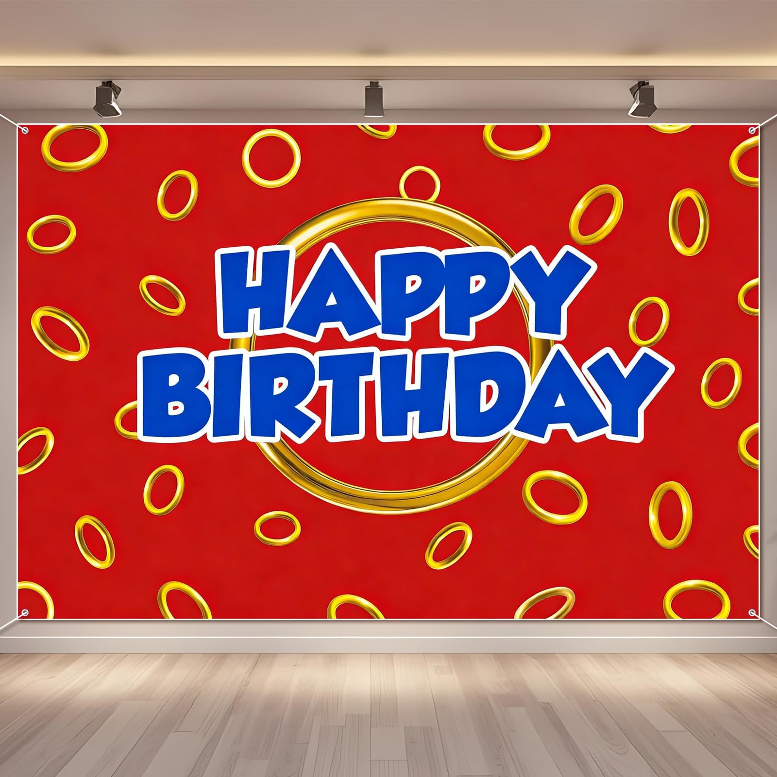Cartoon Birthday Backdrop Photography Blue with Gold Ring Print Themed Party Banner Video Games Party Backdrop Photo Background Supplies (Red,5x3ft)