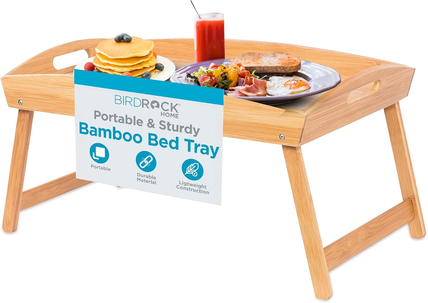 BirdRock Home Bamboo Bed Tray | Wooden Curved Sides Breakfast Serving Tray with Folding Legs | Natural