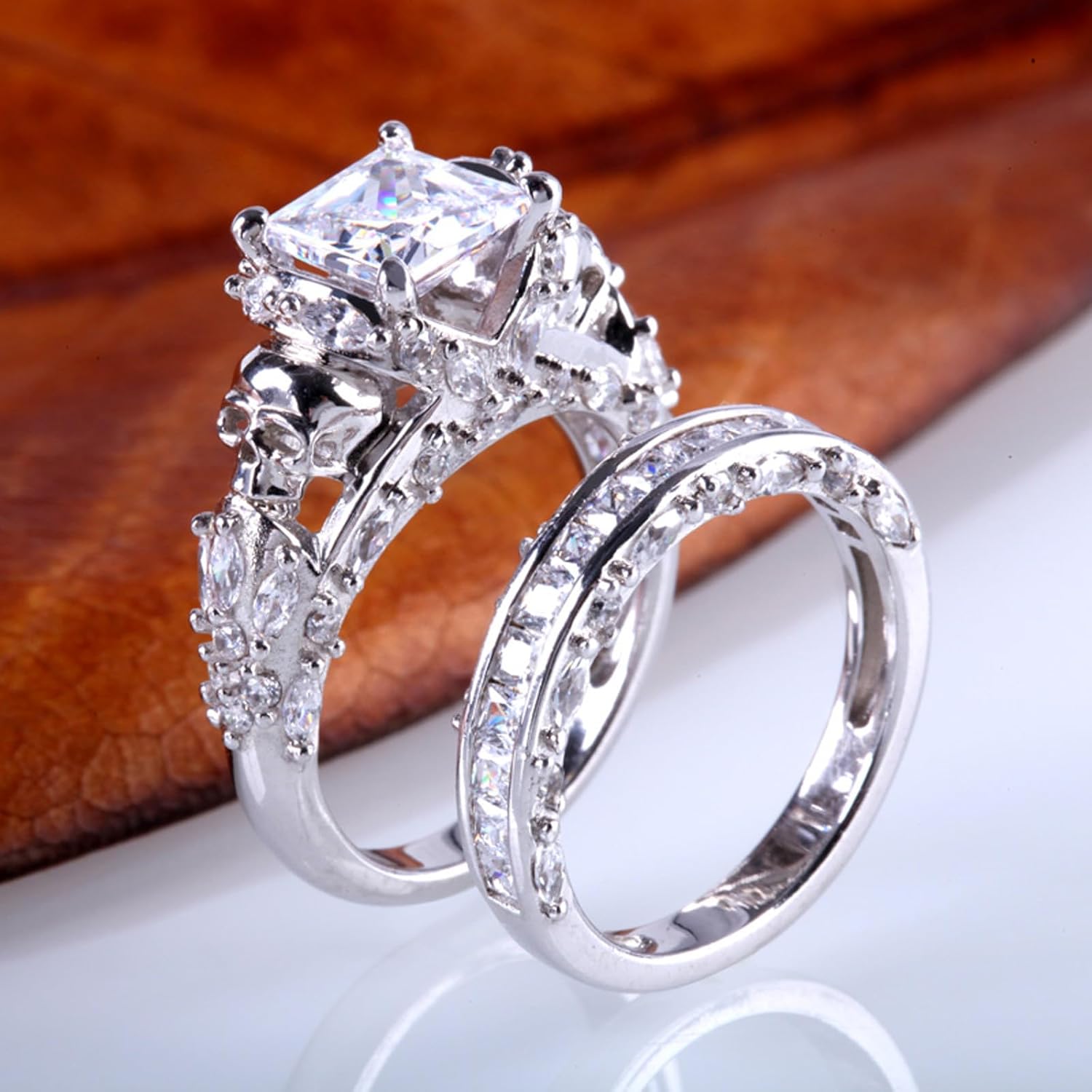 Jeulia Skull Engagement Ring Sets Sterling Silver Promise Eternity Band Rings Diamond Princess Cut with Cubic Zirconia Wedding Engagement Anniversary Promise Rings Bridal Sets - Image 8