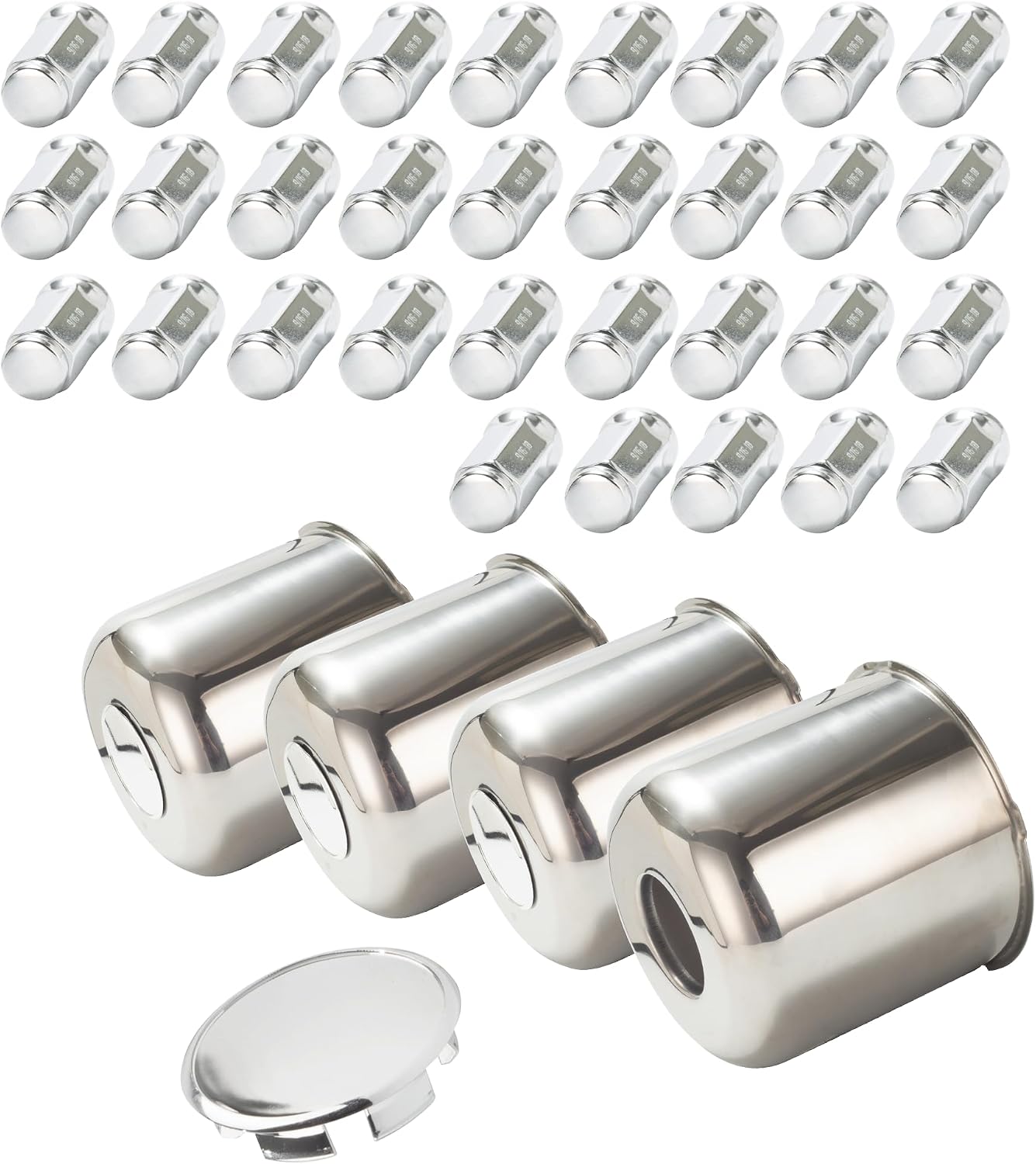 4-Pack Trailer Push Through Center Caps and Trailer Wheel Lug Sets - 5.15in Wheel Center Caps Chrome Wheel Cover Stainless Steel Hub Cap with 32 Chrome Capped 9/16″-18 Lug Nuts for Truck RV