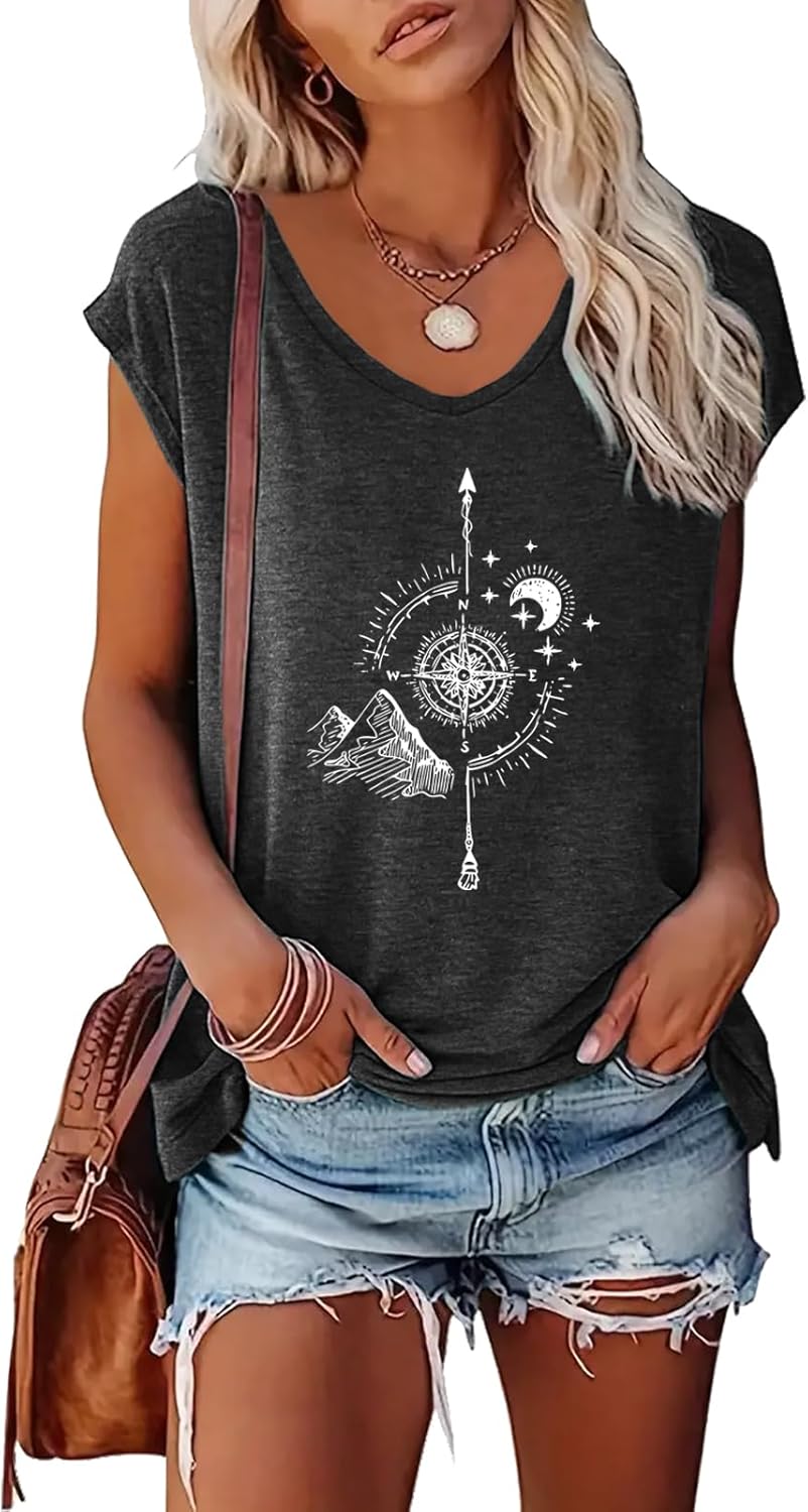YITAN Women's Compass Mountain Graphic T-Shirt V-Neck Cap Sleeve Tops