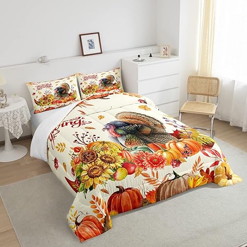 Miniatura 4 de Juego de edredón para el día de Acción de Gracias, tamaño individual, juego de ropa de cama de acuarela pavo y calabaza, 2 piezas para decoración de