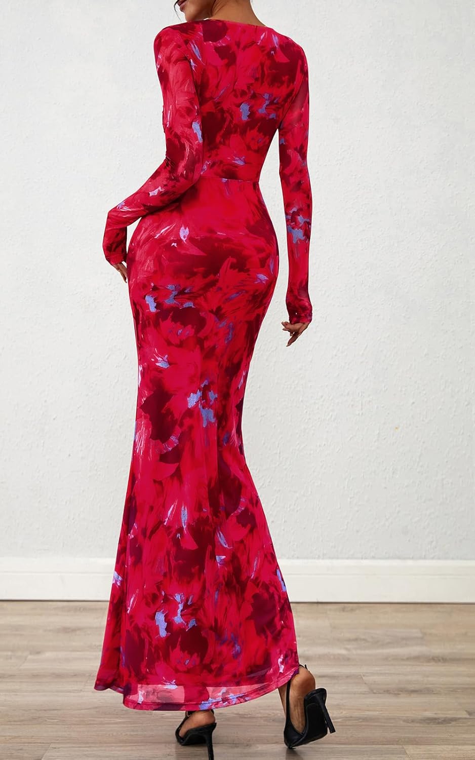 PRETTYGARDEN Women's Long Sleeve Floral Fall Wedding Guest Dress Casual Crewneck Ruched Bodycon Mesh Long Maxi Dresses - Image 5