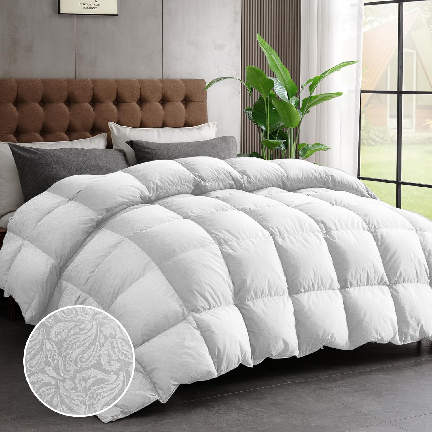 DAICO Goose Feather Down Comforter Oversized Queen Size, Winter Luxury Hotel Fluffy Duvet Insert, Ultra Soft 100% Cotton Shell with 8 Corner Tabs, Paisley Design (98x98'', White)