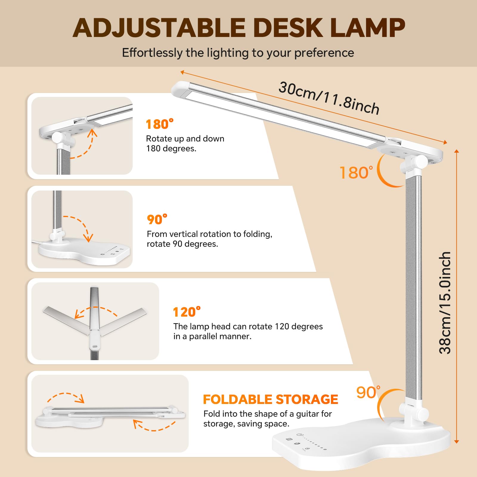 Lampe de Bureau LED, Dimmable Lampe de Chevet, 5 Modes de Couleur 10 Niveaux de Luminosité, Avec Fonction Minuterie, Contrôle Tactile, Port USB-C, Lampe de Lecture Protection des Yeux - Blanc
