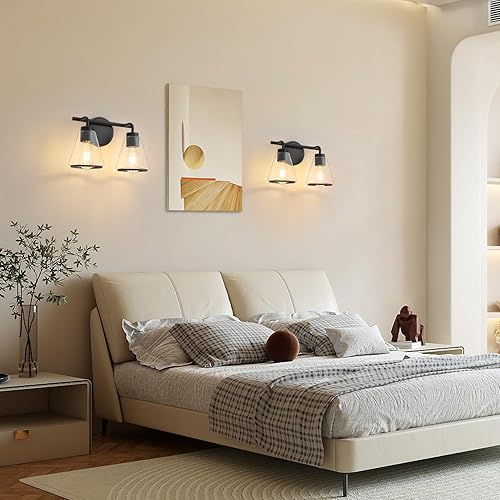 Miniatura 8 de Lámpara negra para tocador de baño, 2 luces, lámparas de baño sobre espejo, accesorios de iluminación con pantalla de vidrio transparente de 14