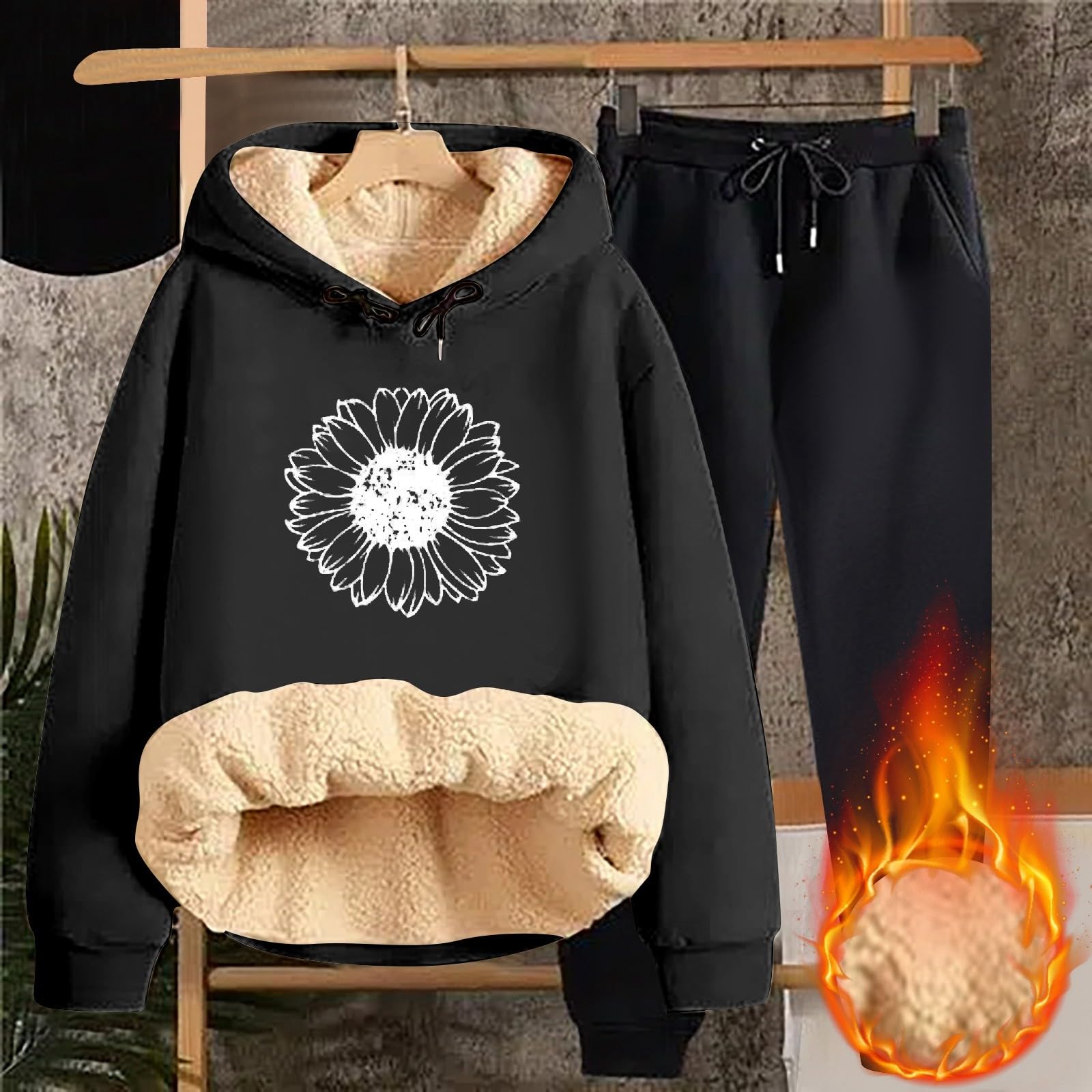 Cardigan invernale da donna, spesso, caldo, tinta unita, con cappuccio, giacca, pantaloni, due pezzi