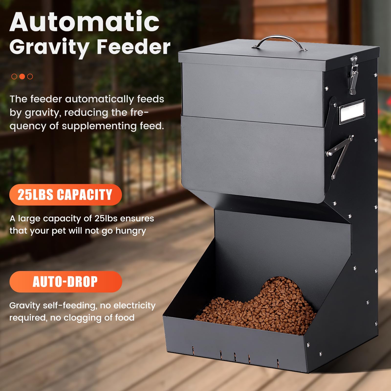 Comedero automático para perros de raza grande con tapa, 25 libras al aire libre e interior, comedero de gravedad para perros y dispensador de alimentos para perros, alimentador automático