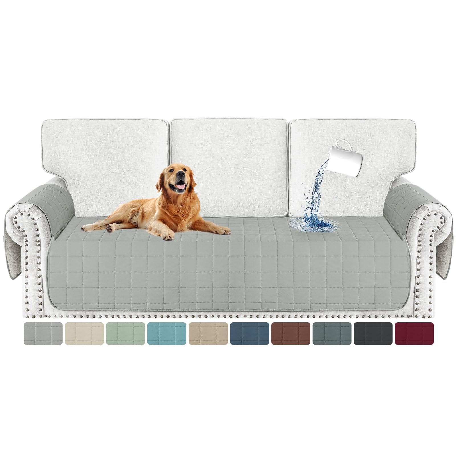 MAXIJIN Waterproof Couch Cover for Pets Dogs Washable, Quilted Sofa Seat Covers Washable for 3 Cushion Couch, Non-Slip Slipcover Furniture Protector with Side Pockets (Sofa, Light Gray)