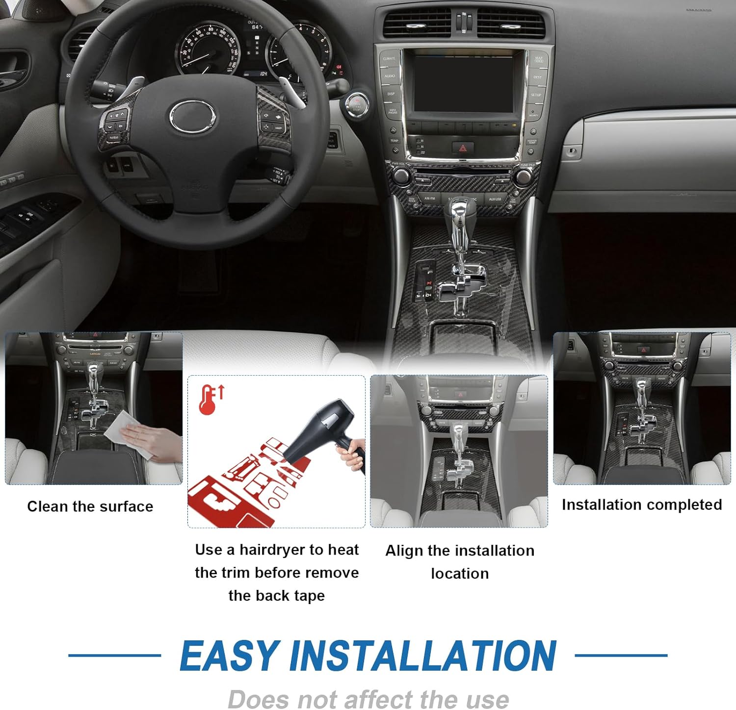 12PCS Real Carbon Fiber Interior Trim Kit Compatible with 2006-2013 Lexus IS250, Interior Decor Sticker Accessories for Gear Shift Panel Trim AC Air Vent Trim