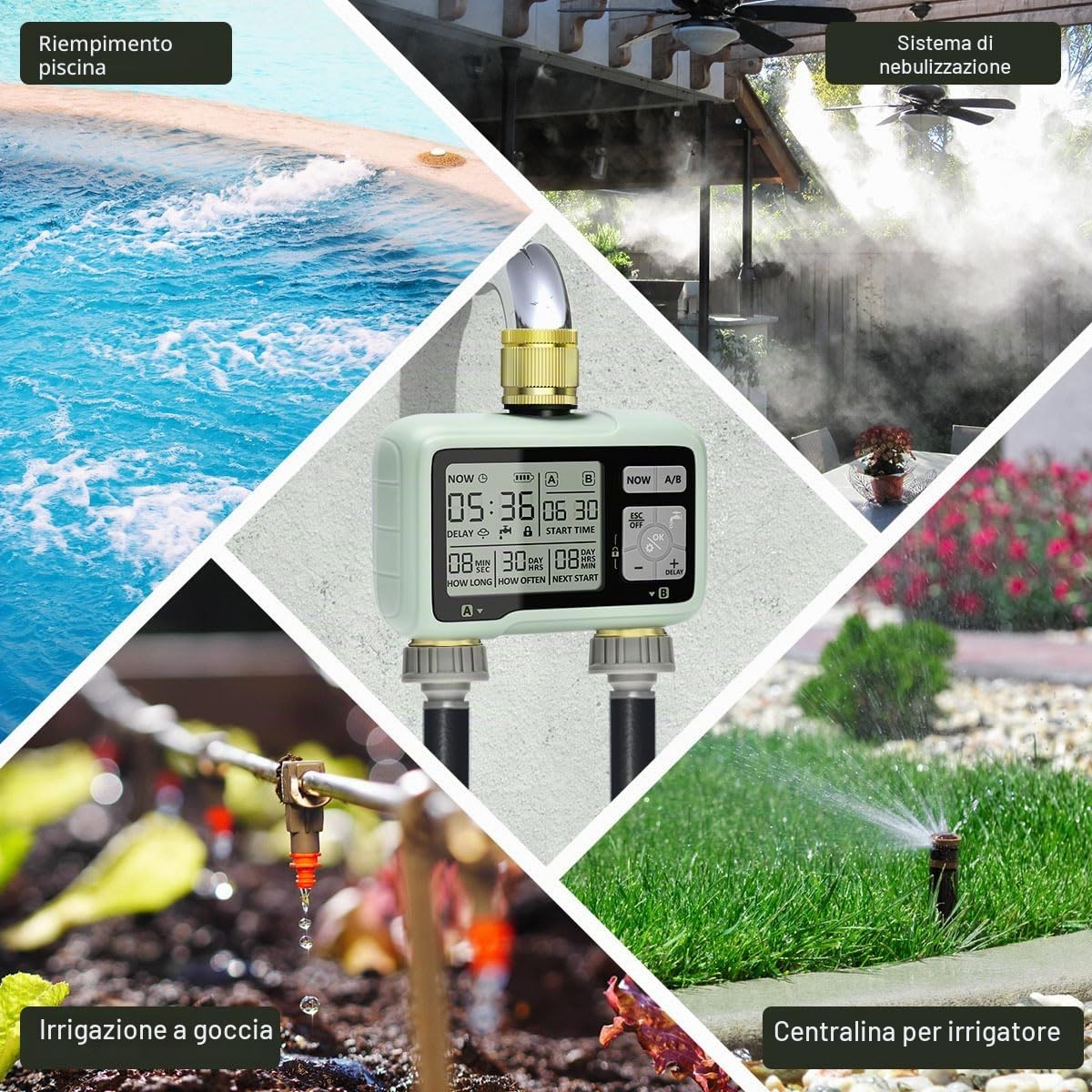 Johgee Centralina di irrigazione a 2 uscite, con ingresso e uscita in ottone, orologio digitale per irrigazione con display LCD, controllo automatico/manuale, timer, per giardino